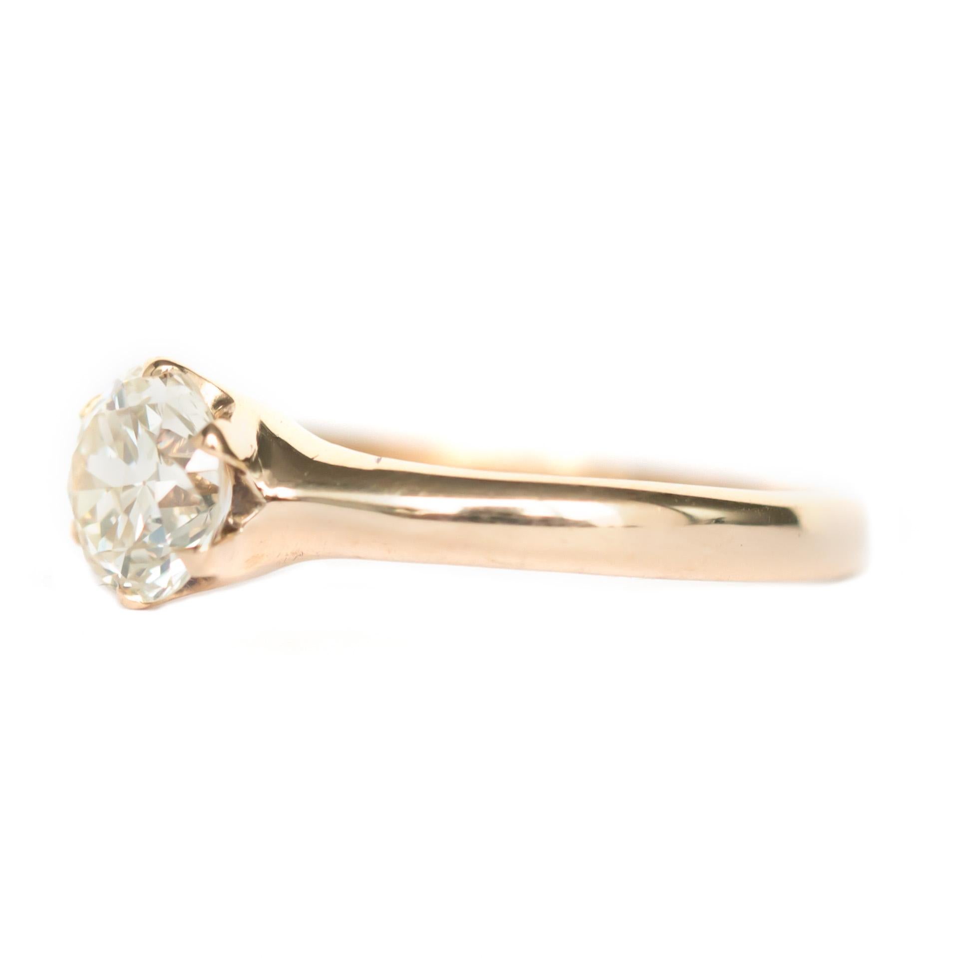 Item Details: 
Ring Size: 8.75
Metal Type: 9 Karat Yellow Gold
Weight: 2.7 grams

Center Diamond Details
Shape: Old European
Carat Weight: 1.23 carat
Color: K
Clarity: SI2

Finger to Top of Stone Measurement: 4.90mm