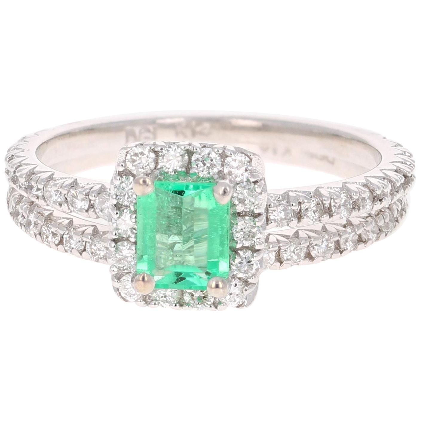 1.23 Carat Emerald Diamond White Gold Engagement Ring with Band