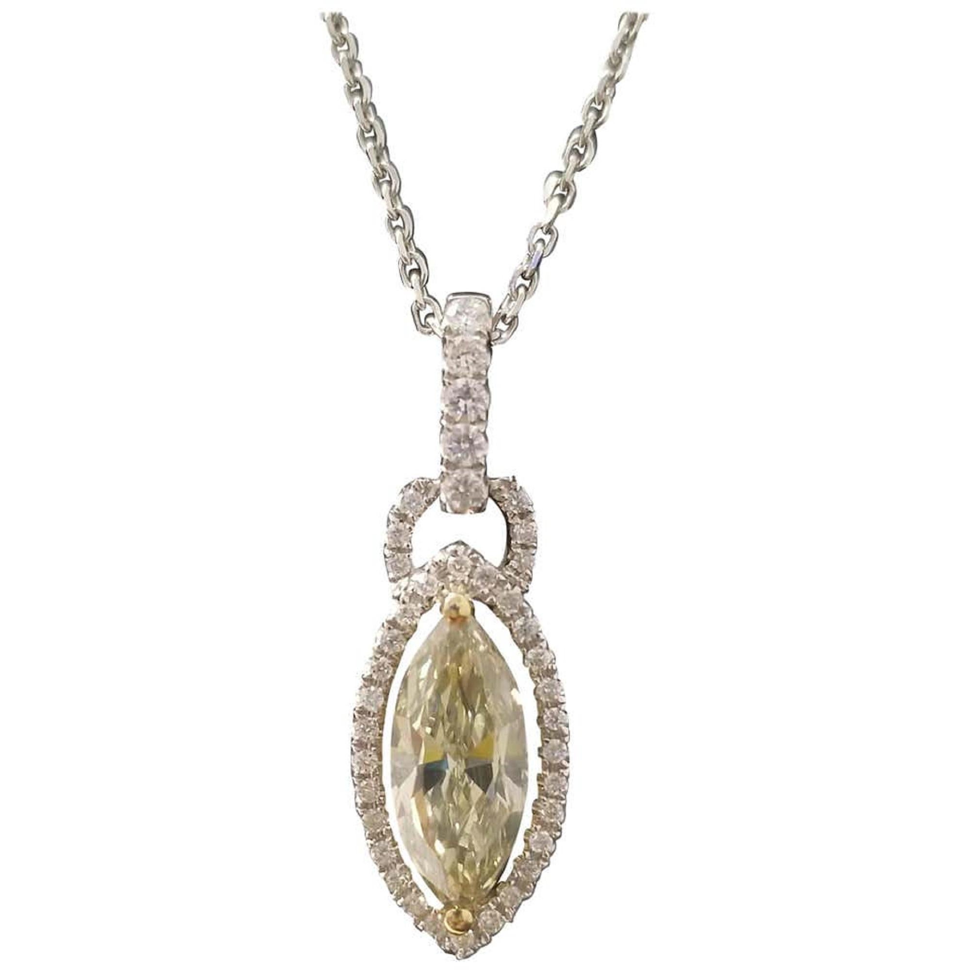 1.23 Carat Fancy Yellow Marquise Diamond Pendant 14 Karat Gold In New Condition In Great Neck, NY