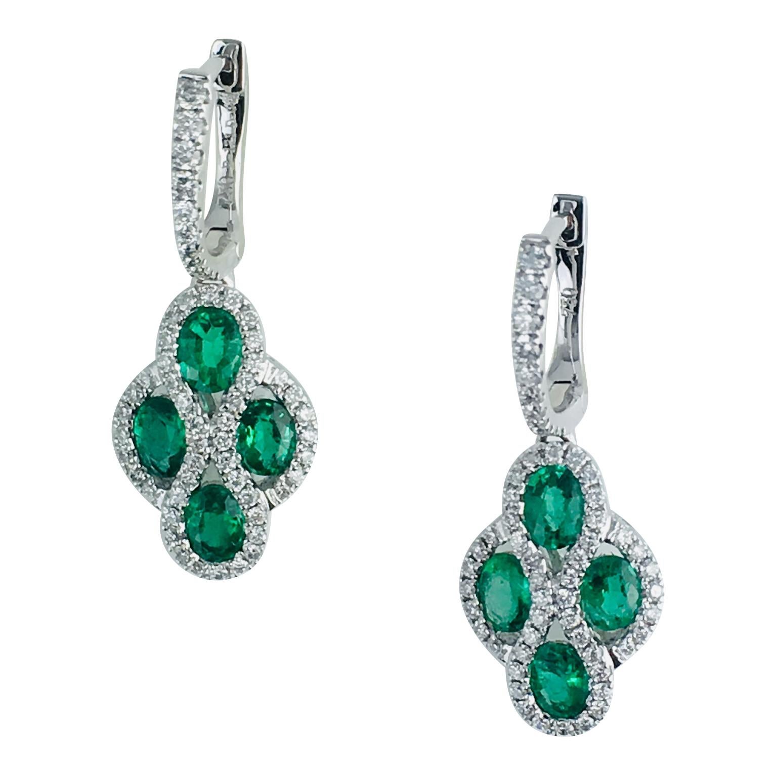 1.23 Carat Fine Emerald and Diamond Earrings in 18 Karat White Gold