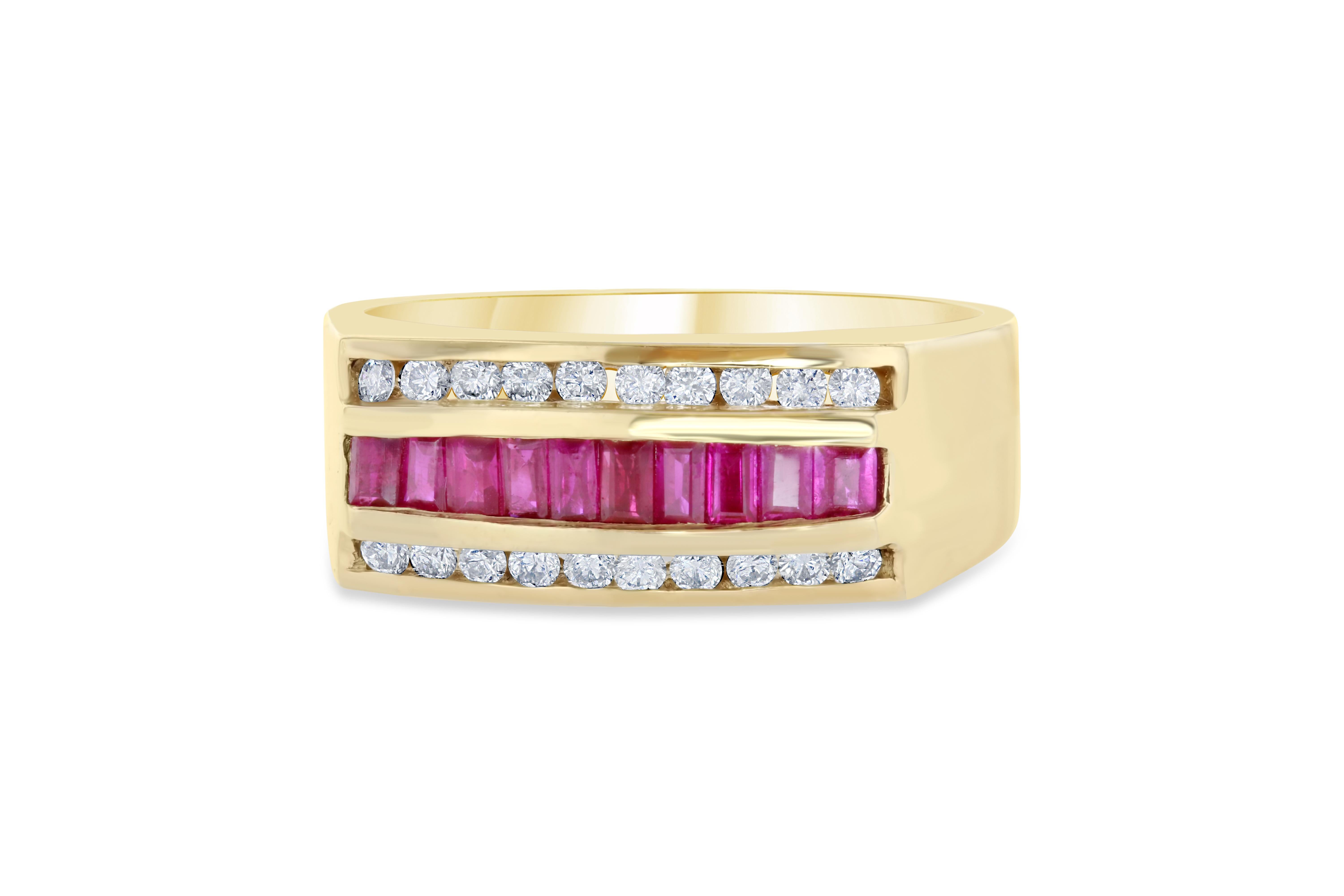 We also carry a Mens' Collection! 
This unique Mens' Ring is set with 10 Baguette Cut Rubies weighing 0.86 carats and is surrounded by 20 Round Cut Diamonds that weigh 0.37 carats. The Total Carat Weight of this ring is 1.23 Carats. It is crafted in