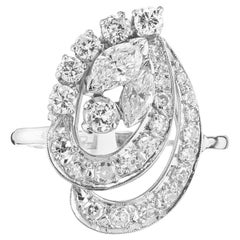 Anello da cocktail in platino con diamanti a vortice, moderno e di metà secolo, da 1,23 carati