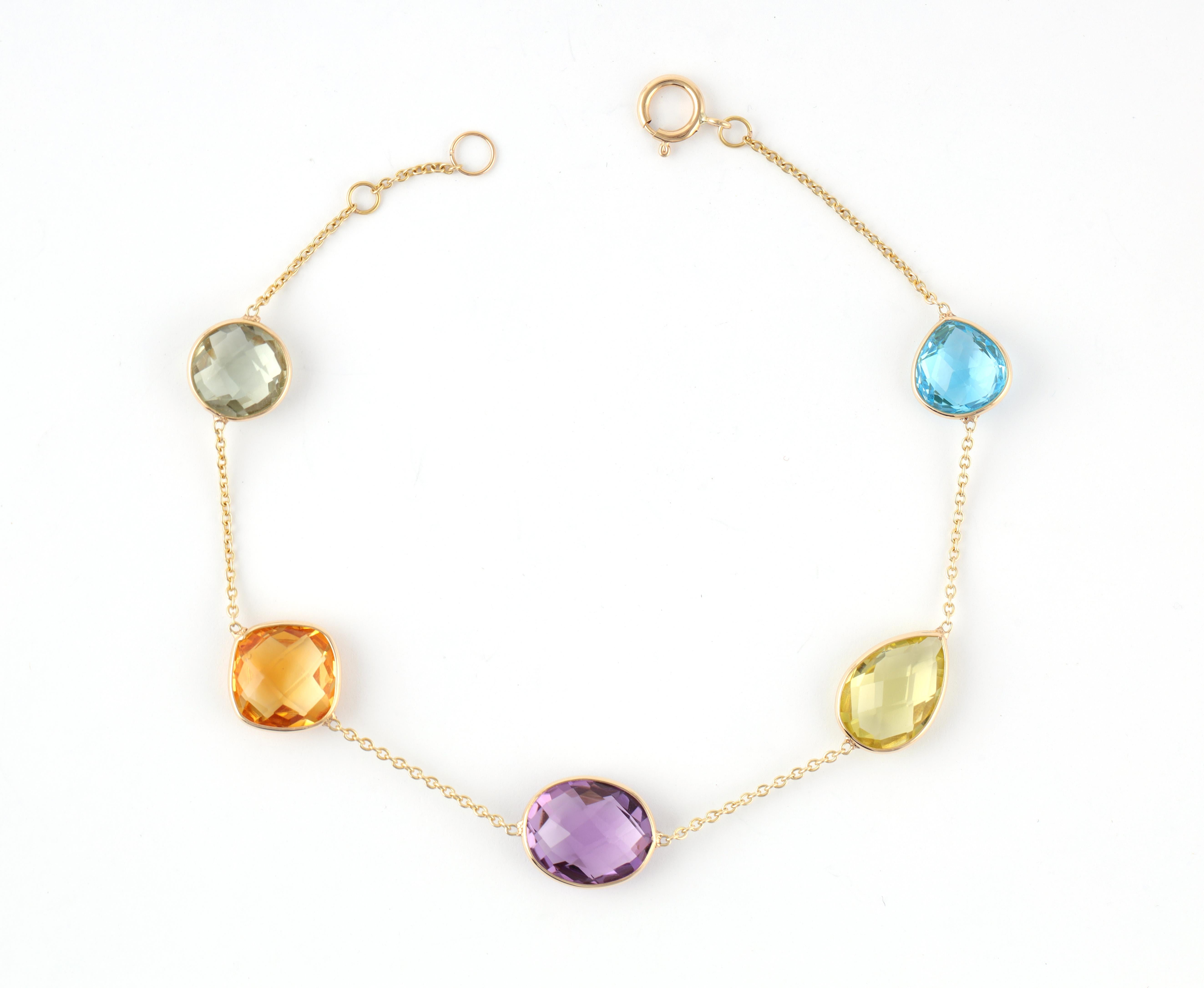 Modernist 12.3 Carat Multi-Semi Precious Gemstones Chain Tennis Bracelet in 18k Gold For Sale