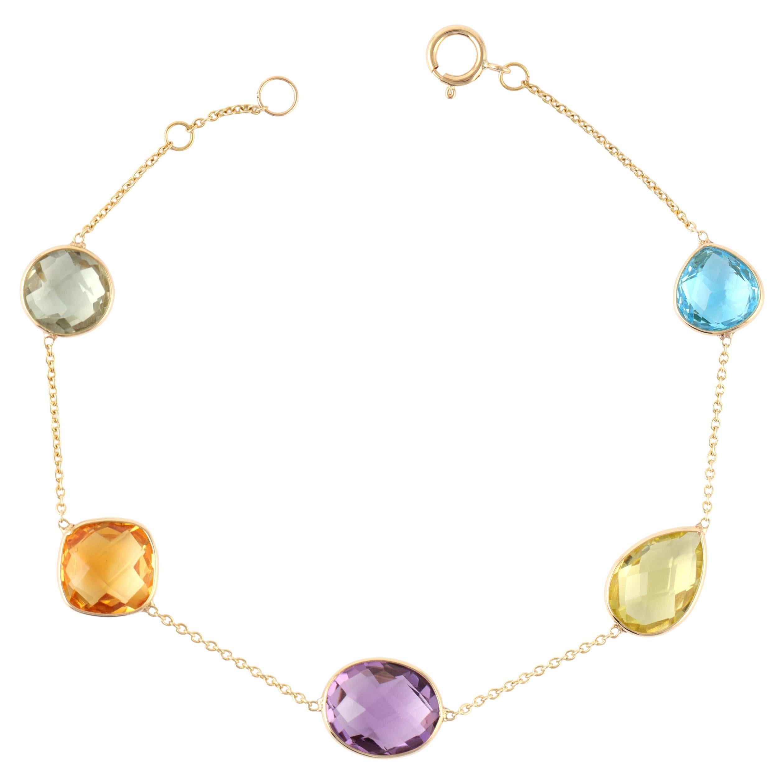 12.3 Carat Multi-Semi Precious Gemstones Chain Tennis Bracelet in 18k Gold