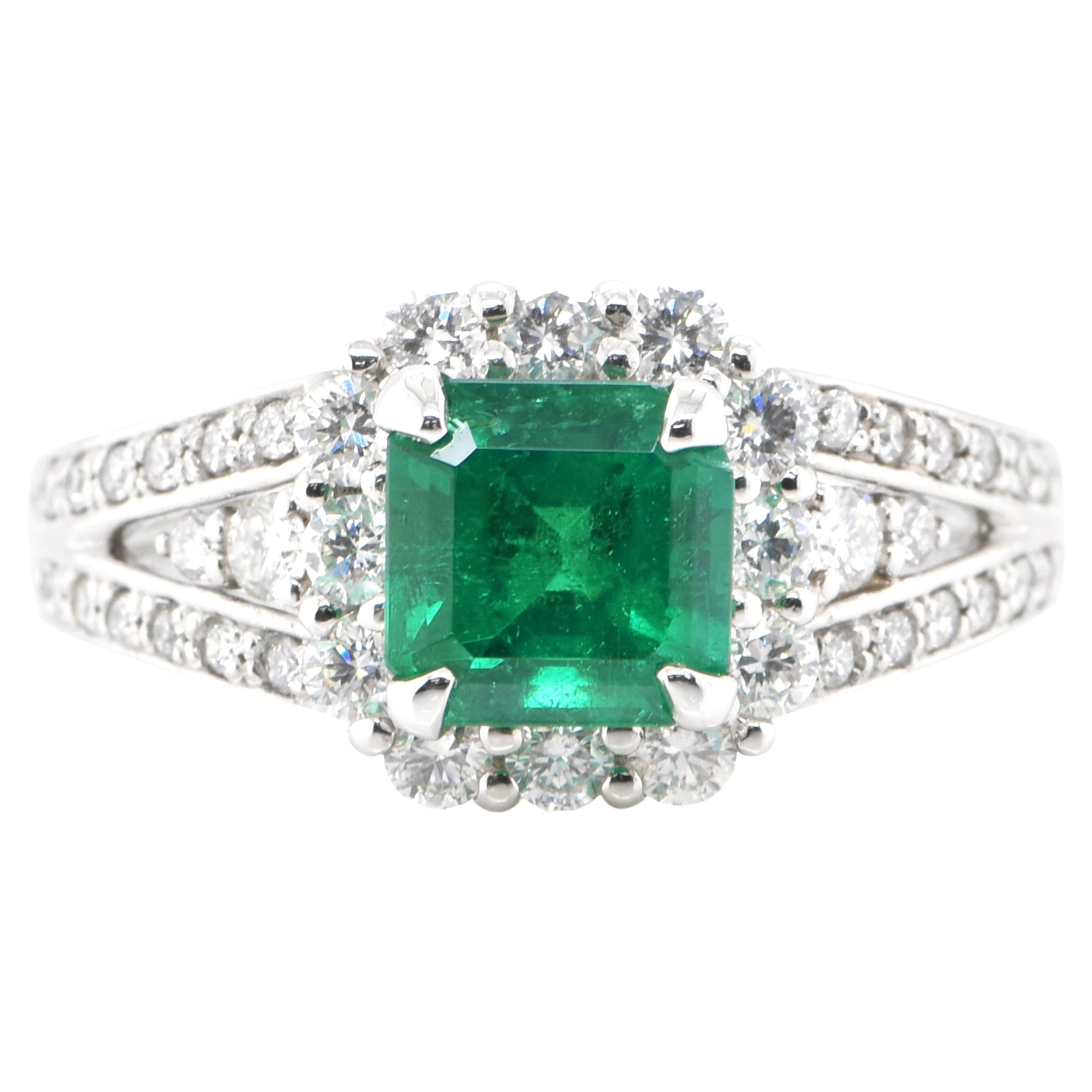 1.23 Carat Natural Colombian, Vivid Green Emerald & Diamond Ring Set in Platinum