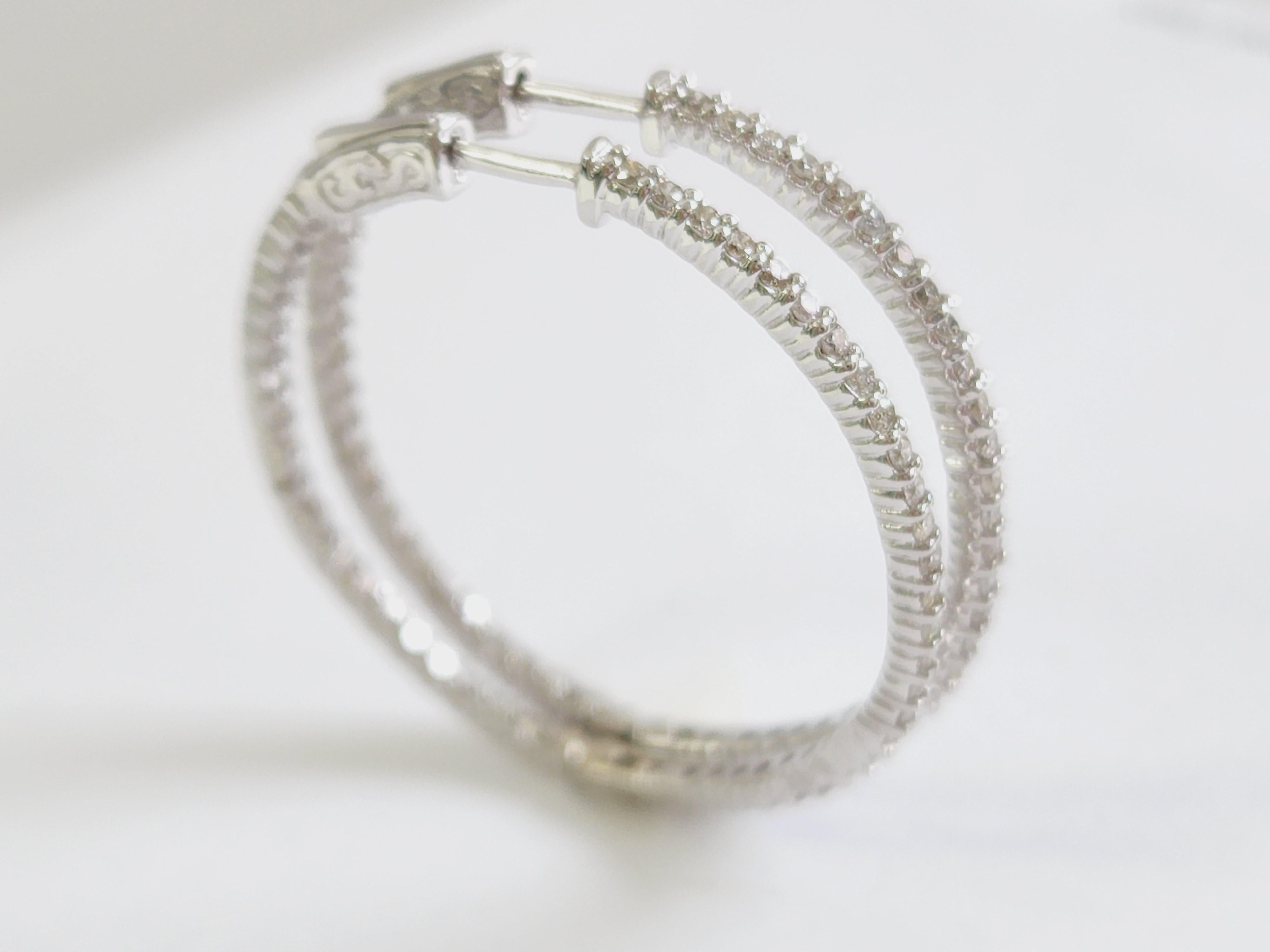 Round Cut 1.23 Carat Natural Diamond Hoop Earrings 14 Karat White Gold For Sale