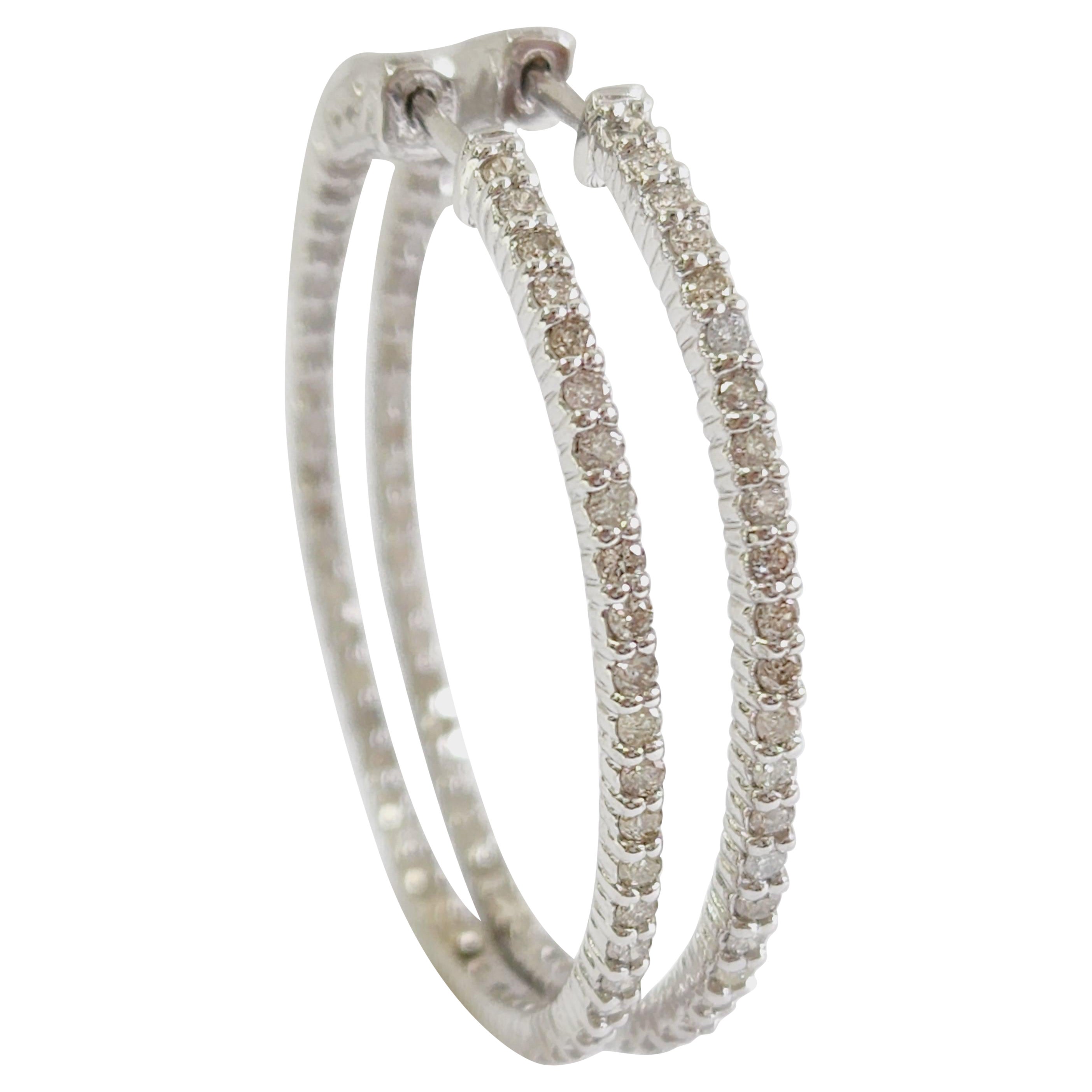 1.23 Carat Natural Diamond Hoop Earrings 14 Karat White Gold For Sale