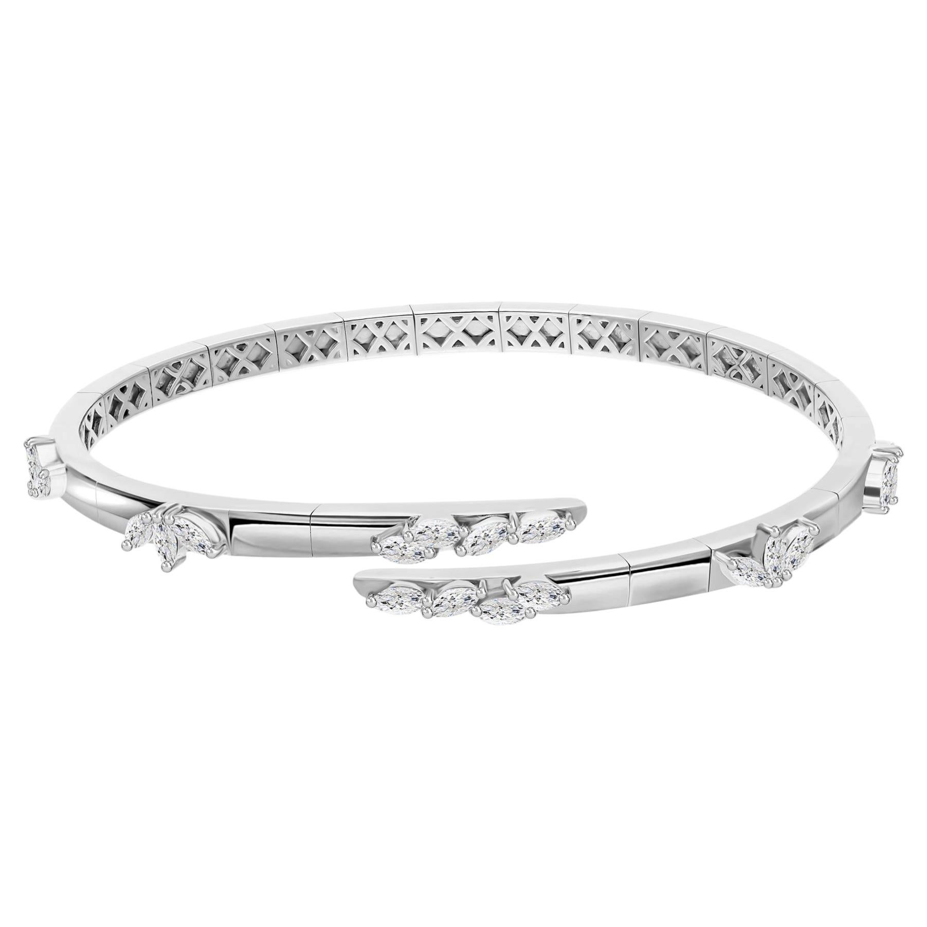 1.23 Carat Natural Marquise Diamond Bypass Cuff Bangle 18K White Gold
