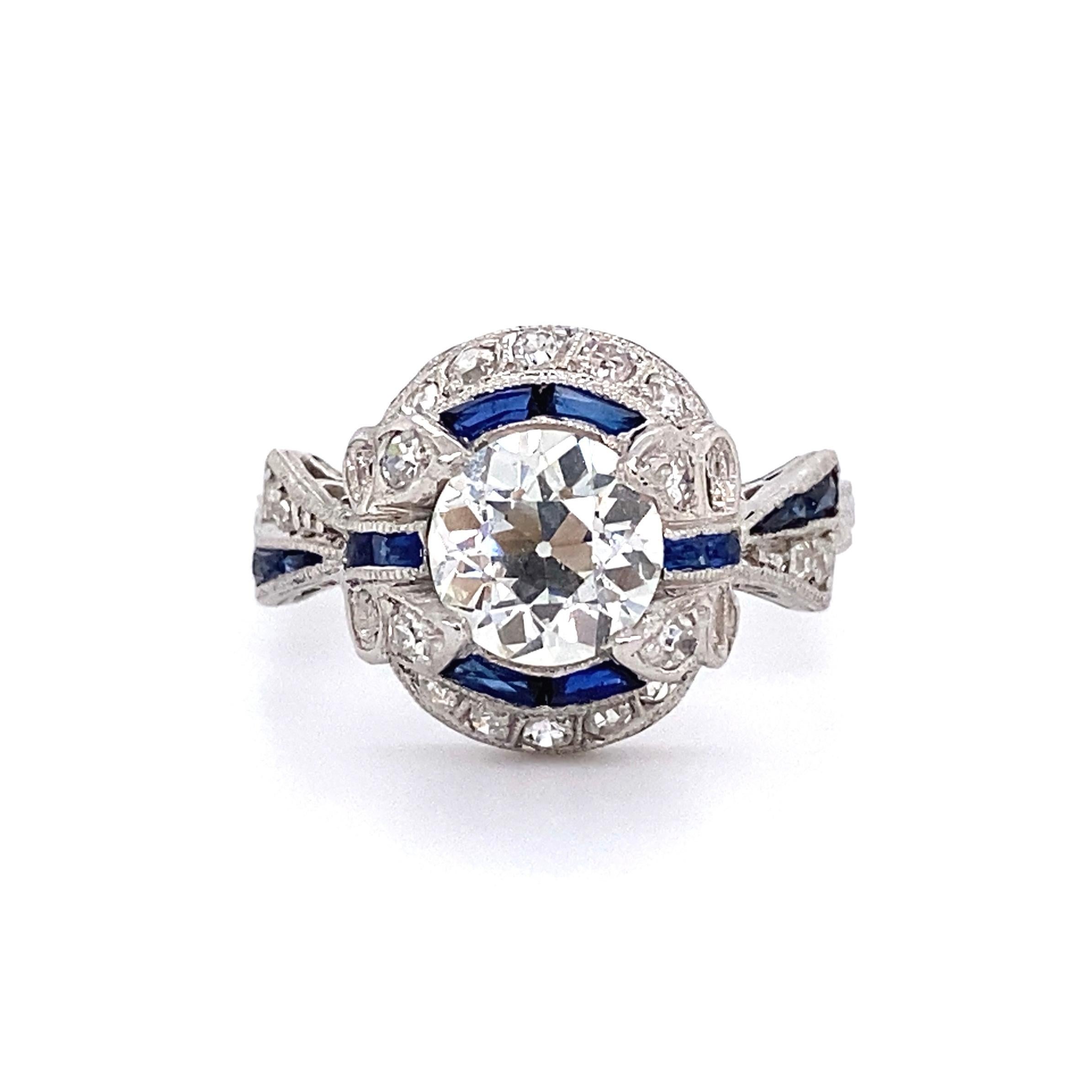 Women's 1.23 Carat Old European Cut Diamond and Sapphire Platinum Art Deco Ring For Sale