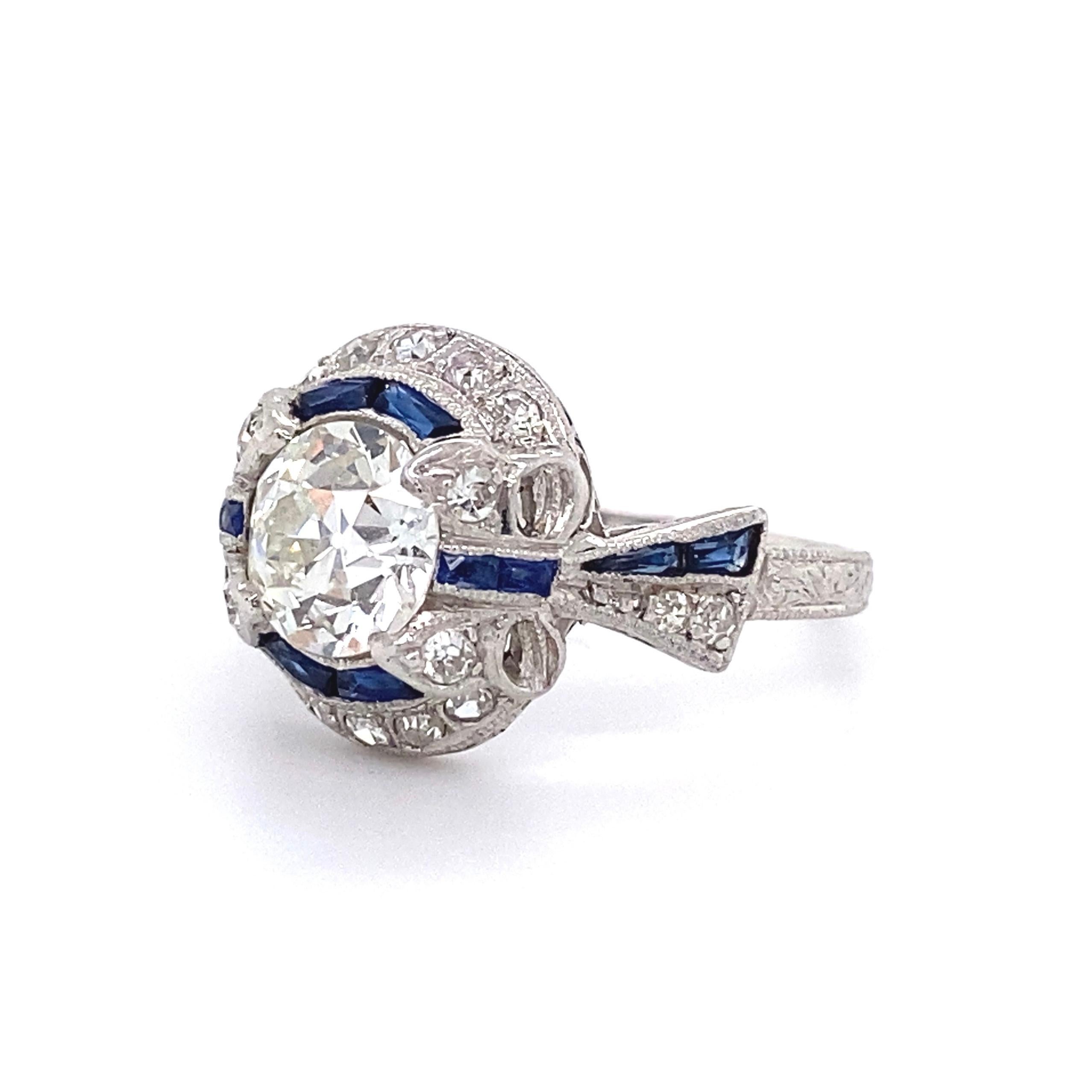 1.23 Carat Old European Cut Diamond and Sapphire Platinum Art Deco Ring For Sale 1