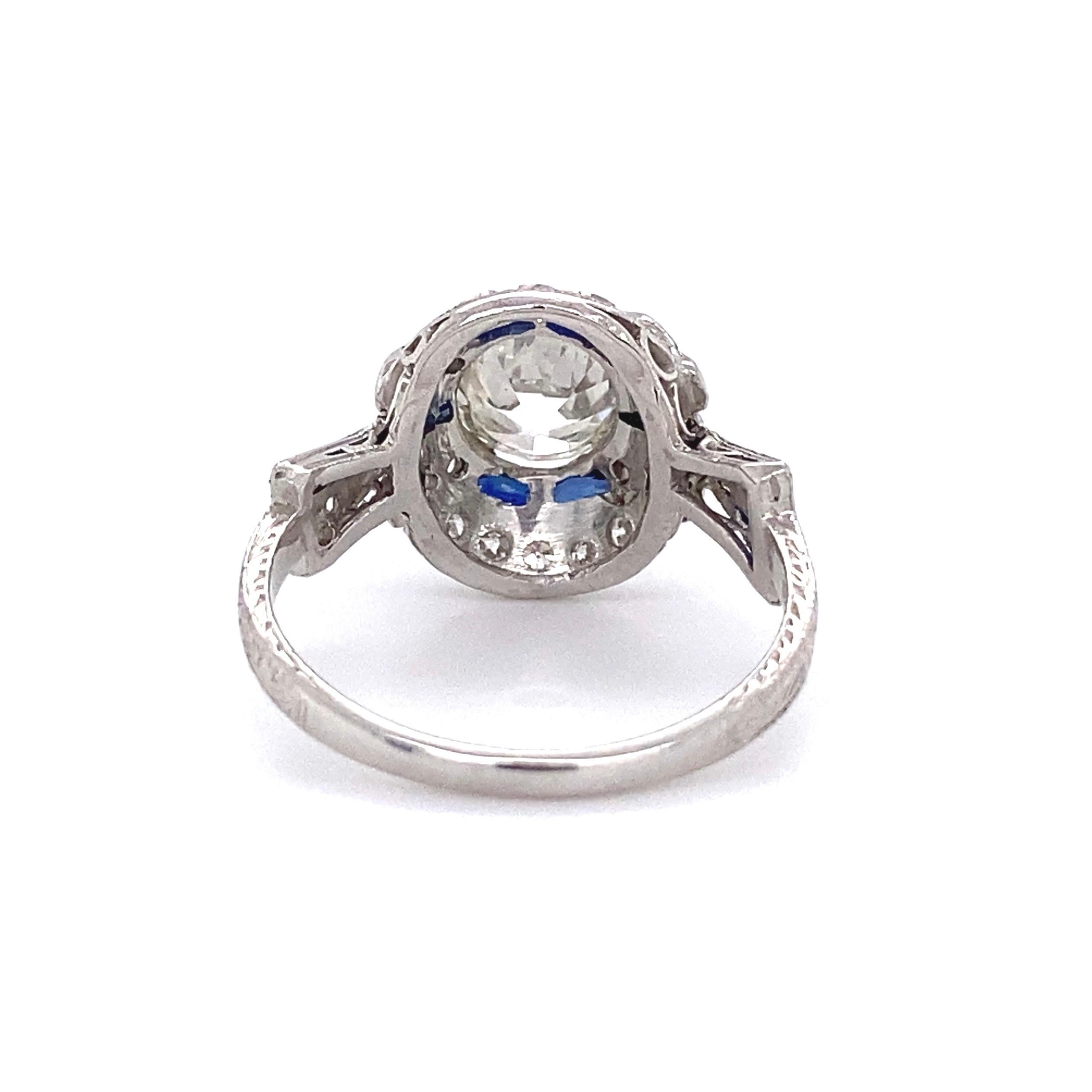 1.23 Carat Old European Cut Diamond and Sapphire Platinum Art Deco Ring For Sale 2