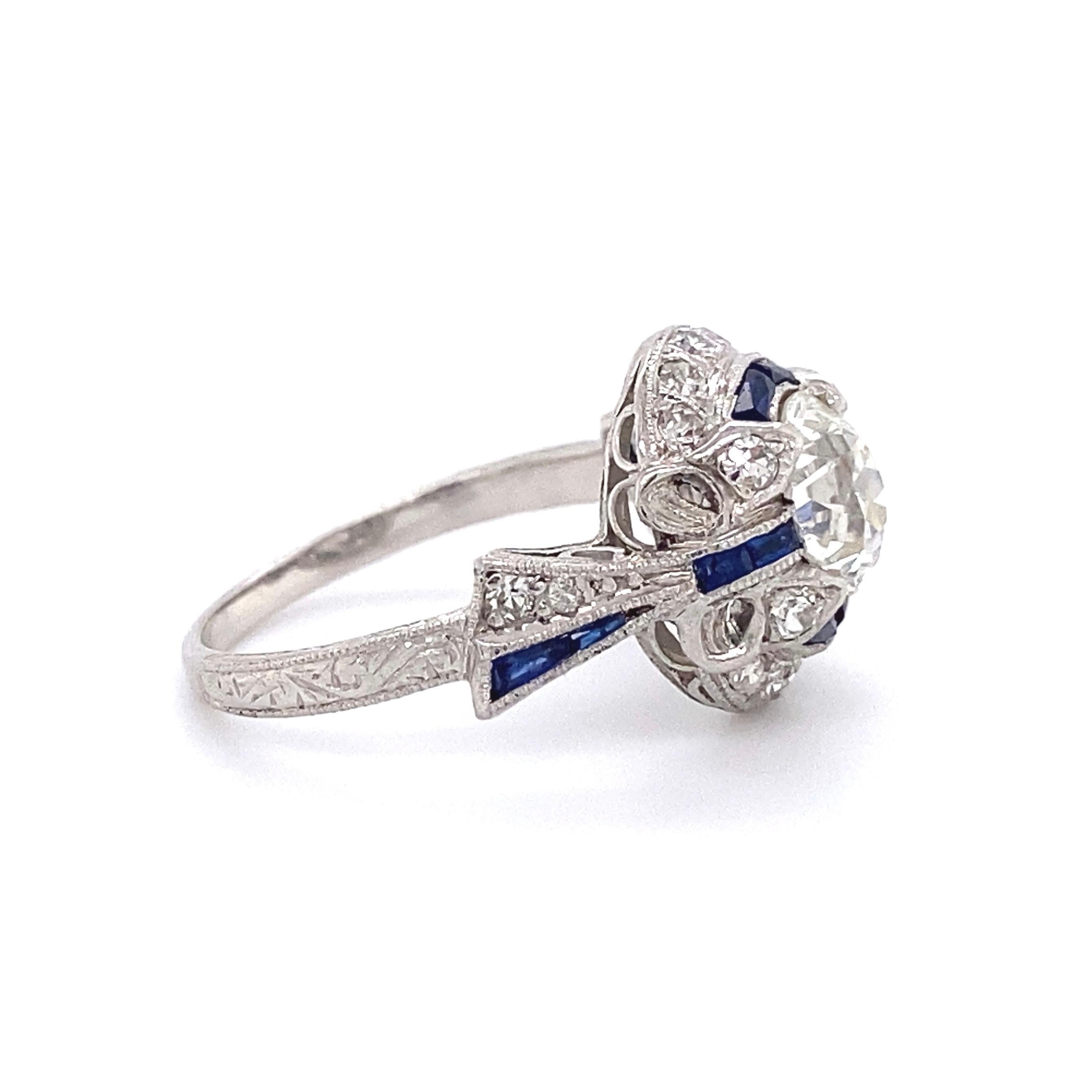 1.23 Carat Old European Cut Diamond and Sapphire Platinum Art Deco Ring For Sale 3