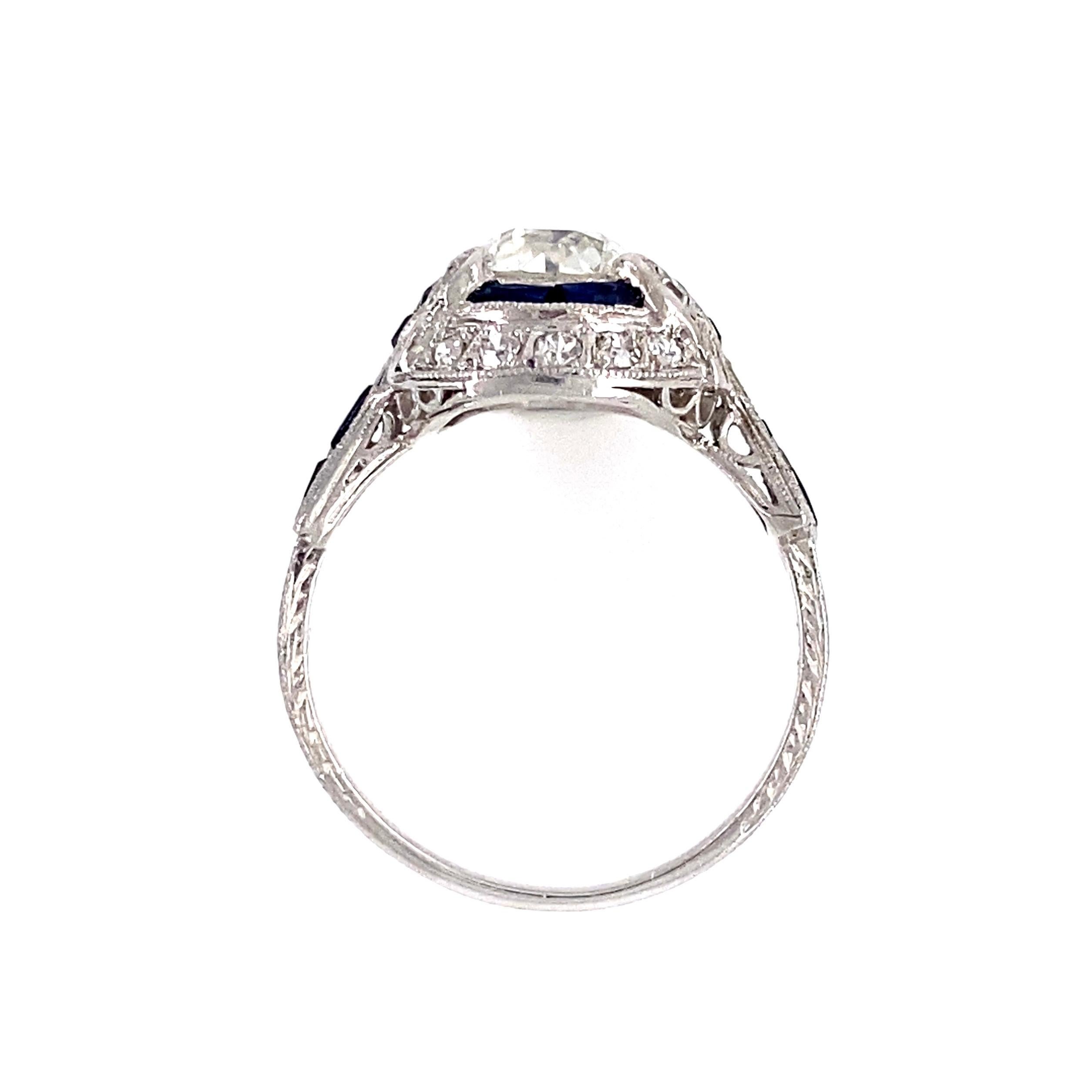 1.23 Carat Old European Cut Diamond and Sapphire Platinum Art Deco Ring For Sale 4