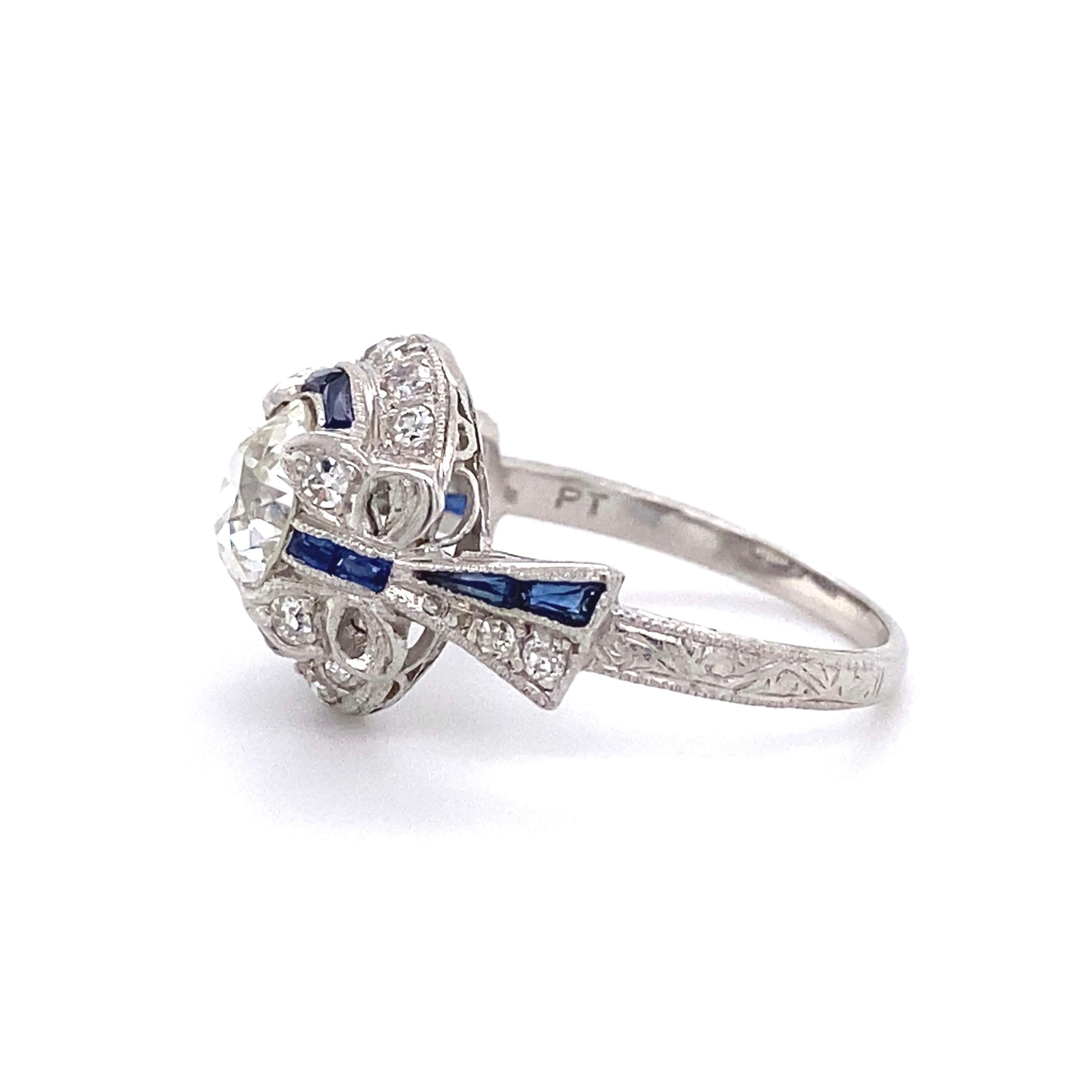 1.23 Carat Old European Cut Diamond and Sapphire Platinum Art Deco Ring For Sale 5