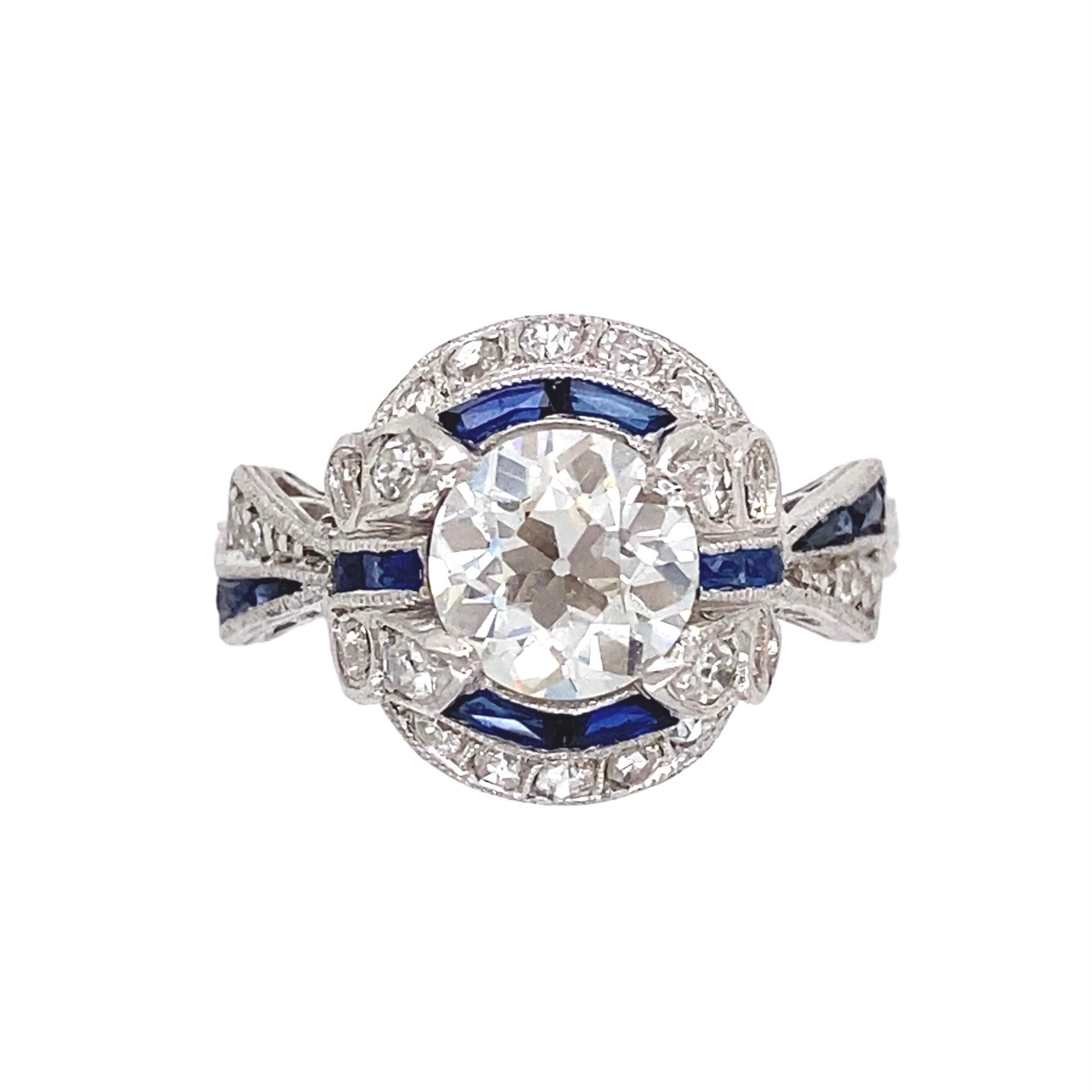 1.23 Carat Old European Cut Diamond and Sapphire Platinum Art Deco Ring For Sale 6