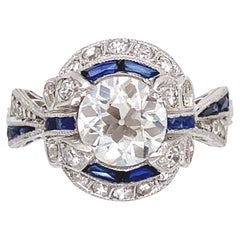 1.23 Carat Old European Cut Diamond and Sapphire Platinum Art Deco Ring