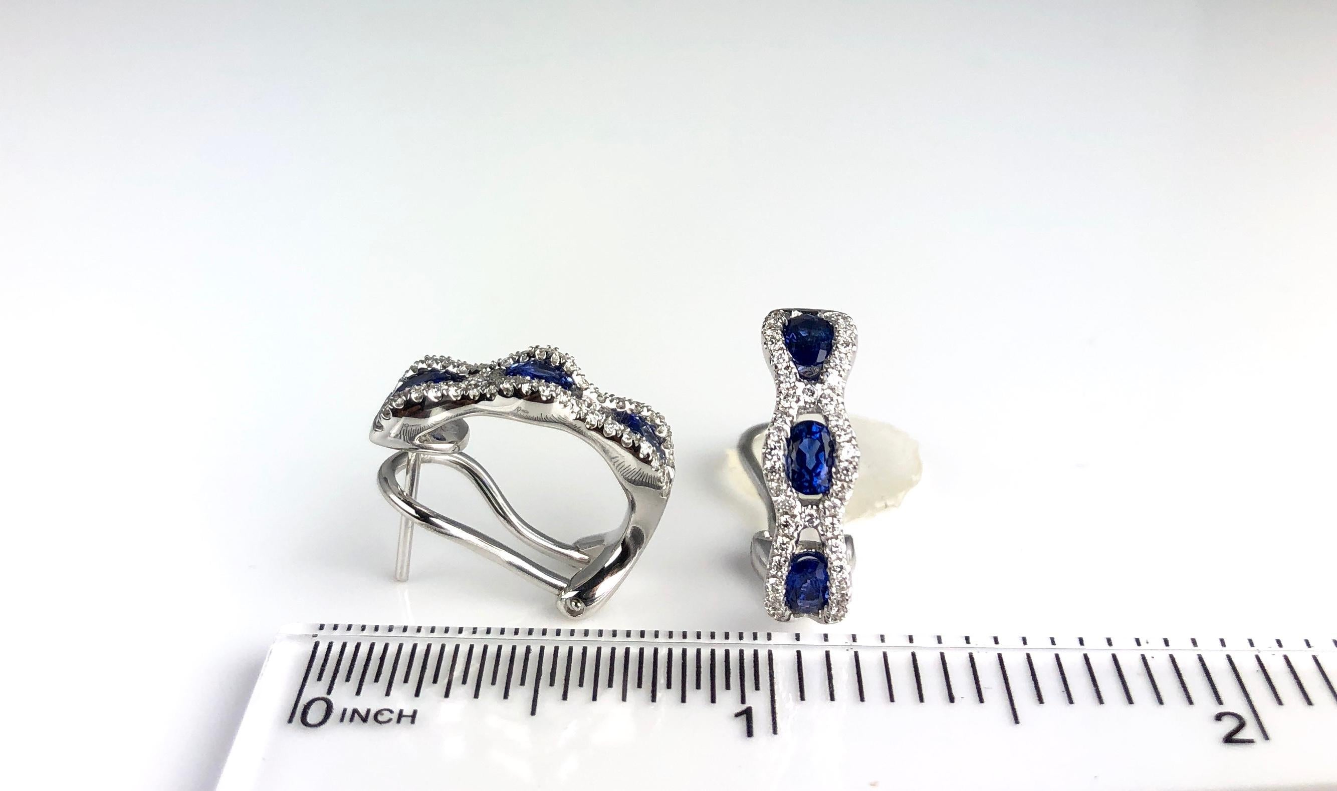 Contemporary 1.23 Carat Oval Cut Vivid Blue Sapphire and Diamond Earrings
