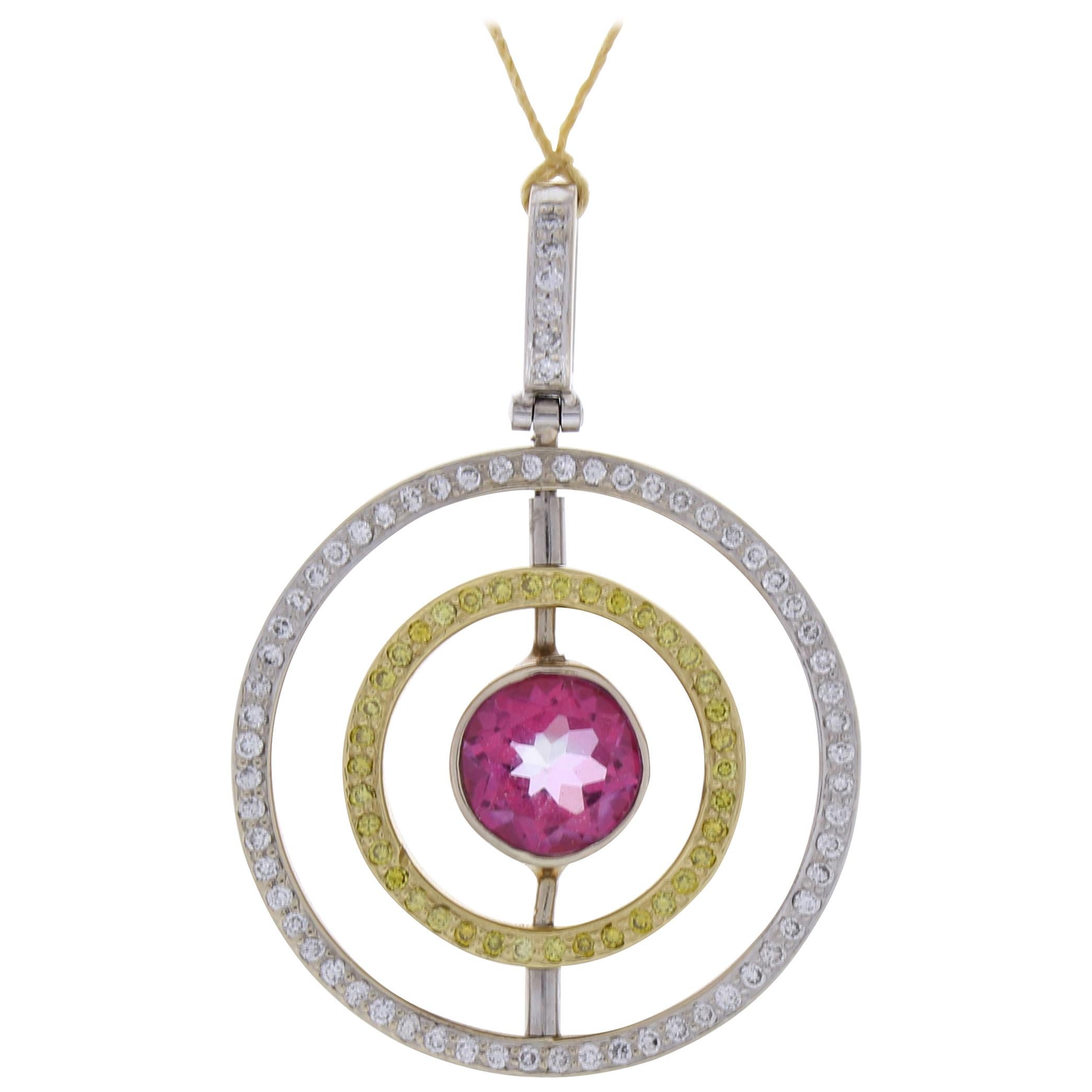1.23 Carat Pink Tourmaline and Natural Colored Diamond Pendant in 18K Two Toned For Sale