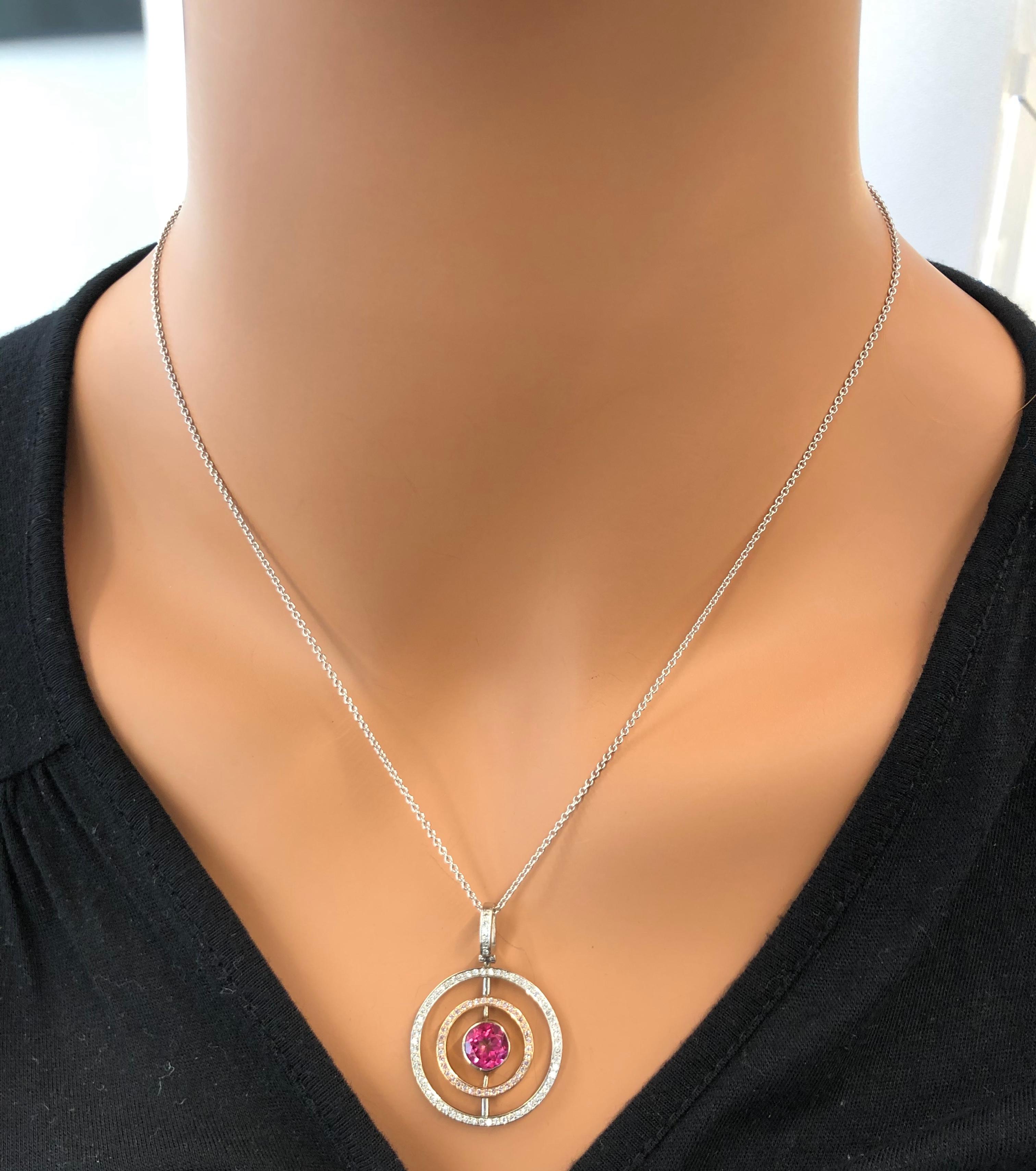 Round Cut 1.23 Carat Pink Tourmaline and Natural Colored Diamond Pendant in 18K Two Toned For Sale