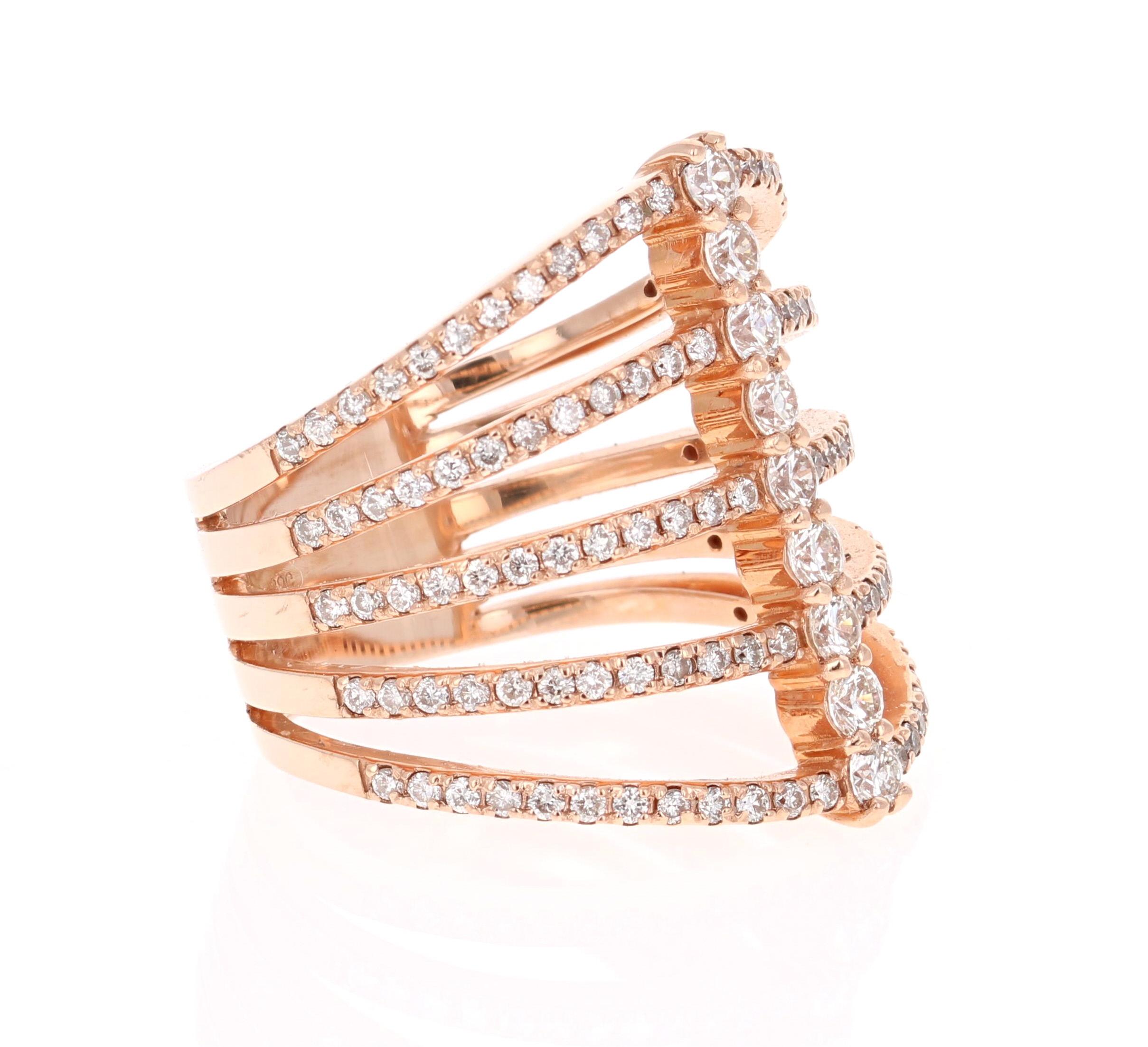 Statement ring for the modern boss babe! 

This ring has 129 Round Cut Diamonds that weigh 1.23 Carats. The clarity and color of the diamonds are VS-H.

Crafted in 14 Karat Rose Gold and is approximately 7.7 grams 

The ring is a size 7 and can be