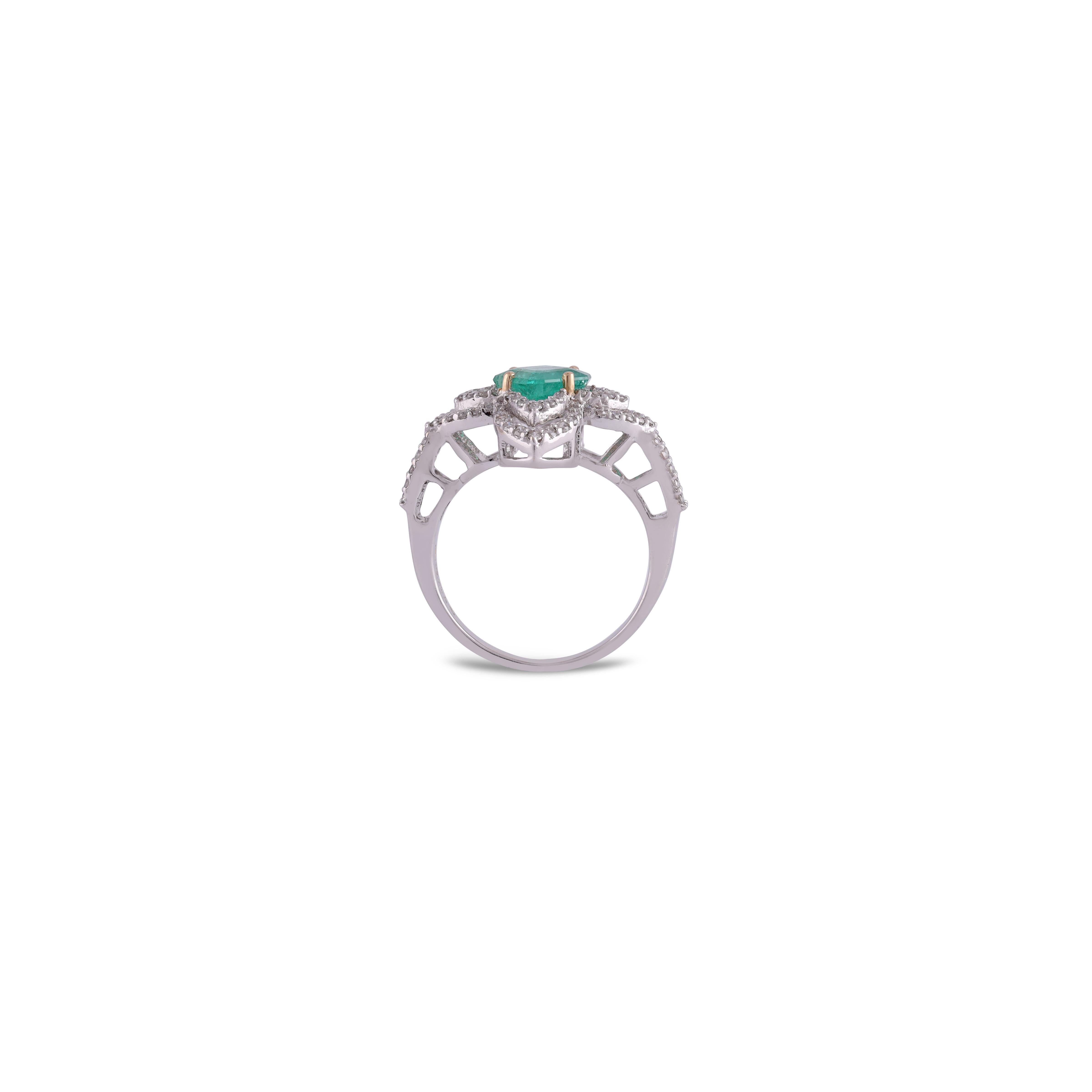 Modernist 1.23 Carat Zambian Emerald & Diamond  Cluster Wedding Ring 18k Gold For Sale