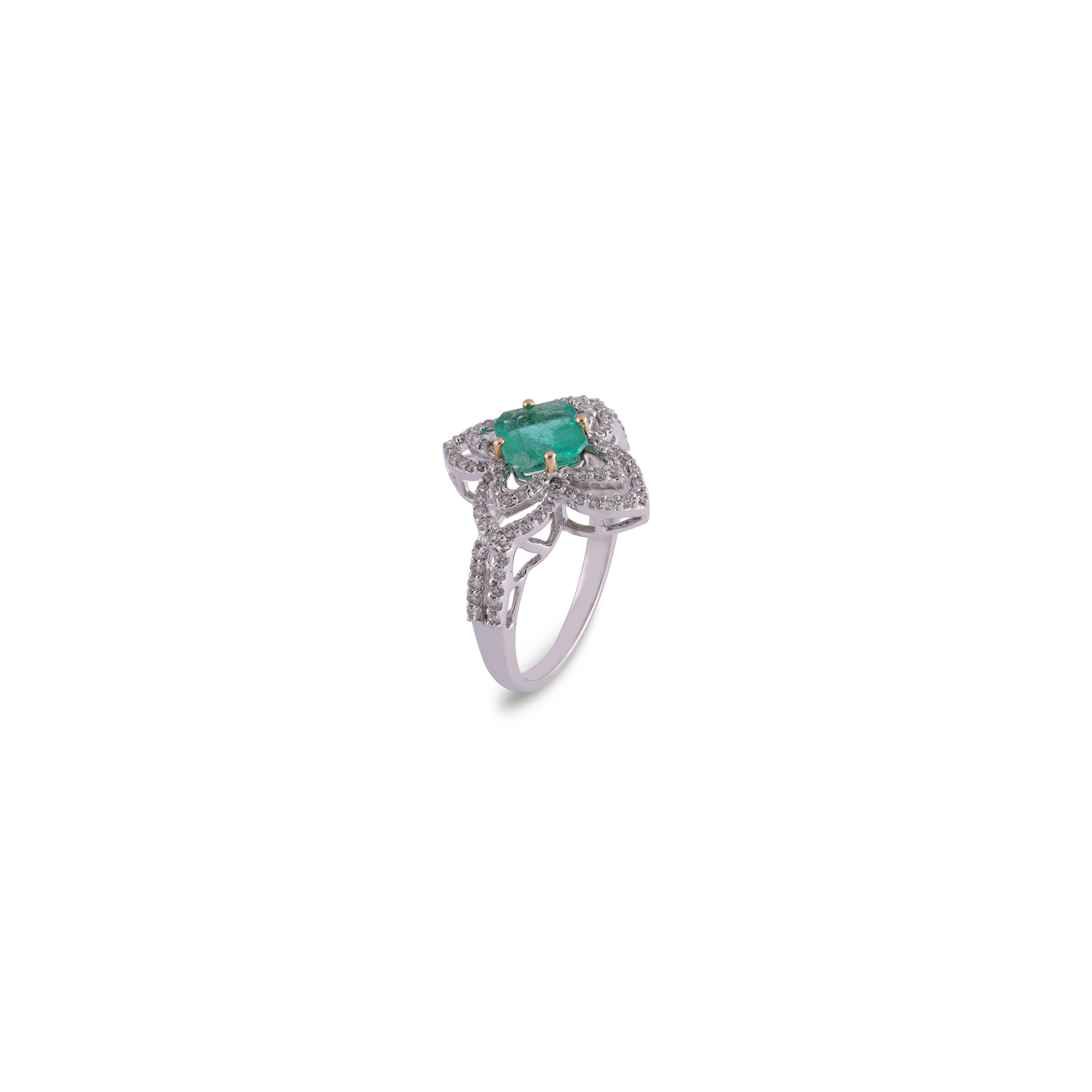 Octagon Cut 1.23 Carat Zambian Emerald & Diamond  Cluster Wedding Ring 18k Gold For Sale