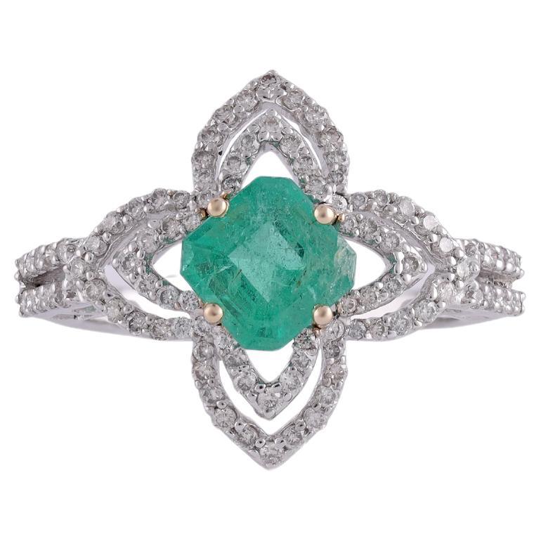 1.23 Carat Zambian Emerald & Diamond  Cluster Wedding Ring 18k Gold For Sale