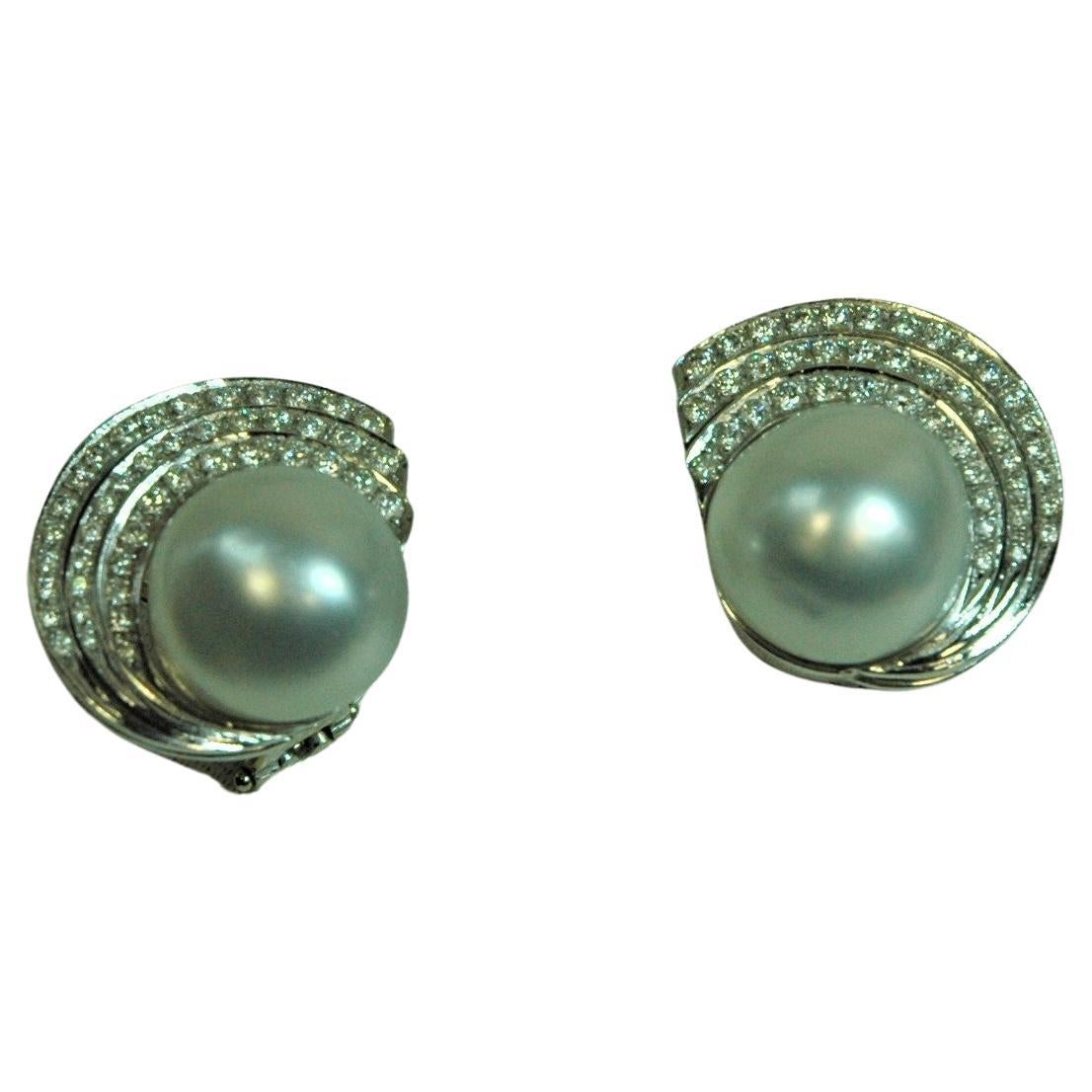1.23 Carats Diamonds, Australian Pearls, White Gold Stud Earrings For Sale