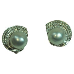 Retro 1.23 Carats Diamonds, Australian Pearls, White Gold Stud Earrings