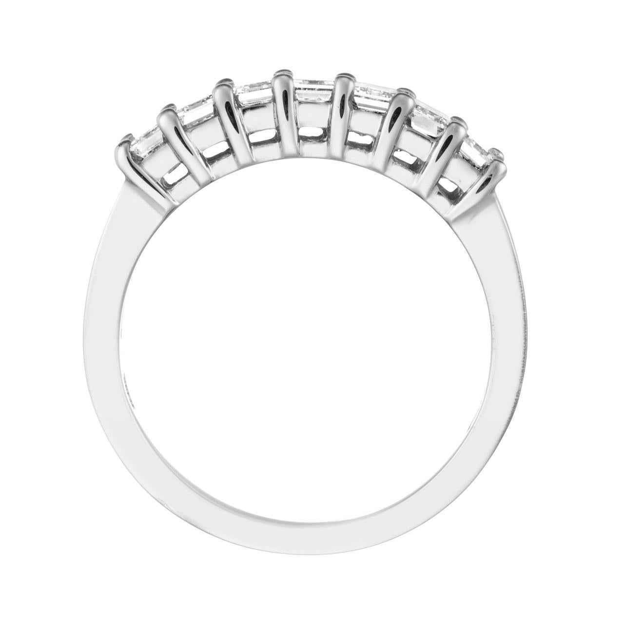 This beautiful Emerald Cut diamond band features 7 stones weighing 1.23 ct.  total weight of G color VS1 clarity diamonds. The ring is 18kt white gold and a finger size 5.75 but can easily be adjusted. If you don't see something, say something! We
