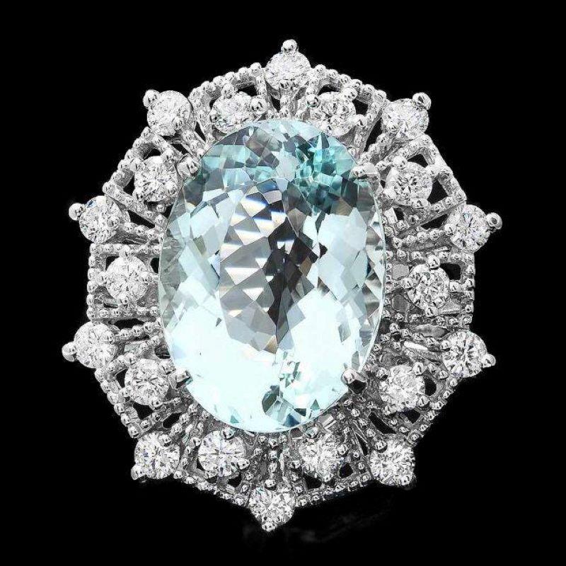 Mixed Cut 12.30 Carats Natural Aquamarine and Diamond 14K Solid White Gold Ring For Sale