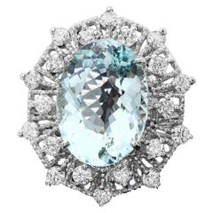 Bague en or blanc massif 14 carats, aigue-marine naturelle de 12,30 carats et diamants