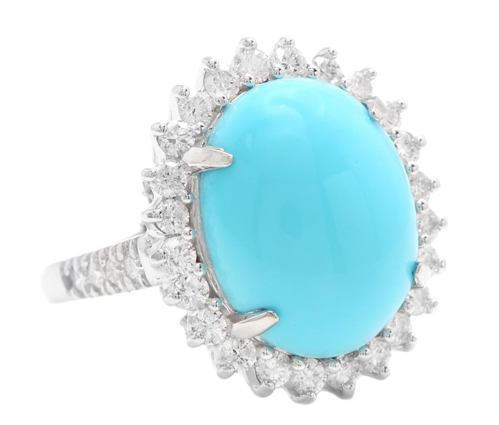 12.30 Carats Impressive Natural Turquoise and Diamond 14K White Gold Ring

Suggested Replacement Value $6,500.00

Total Natural Oval Turquoise Weight is: Approx. 11.00 Carats 

Turquoise Measures: 17.00 x 13.00mm 

Natural Round Diamonds Weight: