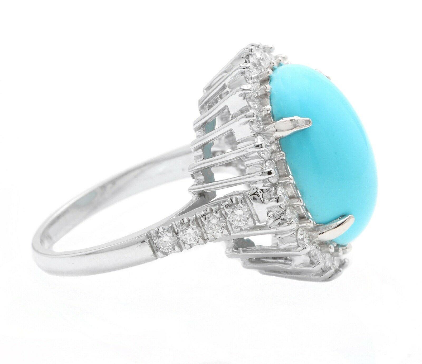 Mixed Cut 12.30 Carats Natural Turquoise and Diamond 14k Solid White Gold Ring For Sale