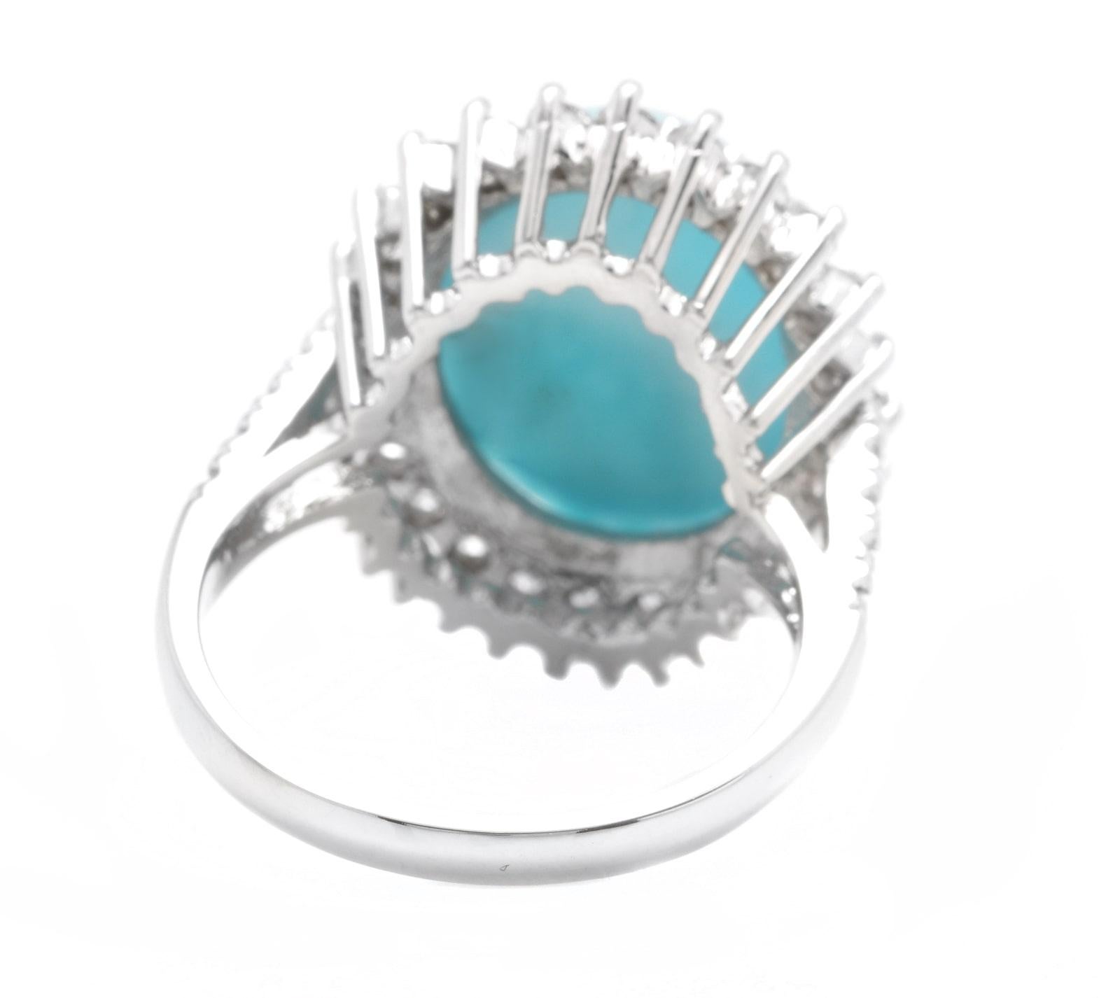 12.30 Carats Natural Turquoise and Diamond 14k Solid White Gold Ring In New Condition For Sale In Los Angeles, CA
