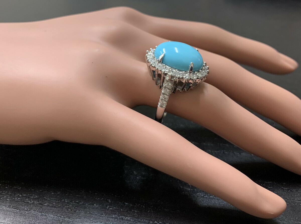 12.30 Carats Natural Turquoise and Diamond 14k Solid White Gold Ring For Sale 1