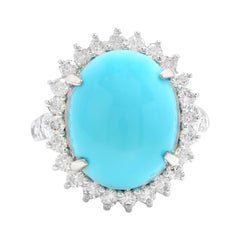 Retro 12.30 Carats Natural Turquoise and Diamond 14k Solid White Gold Ring