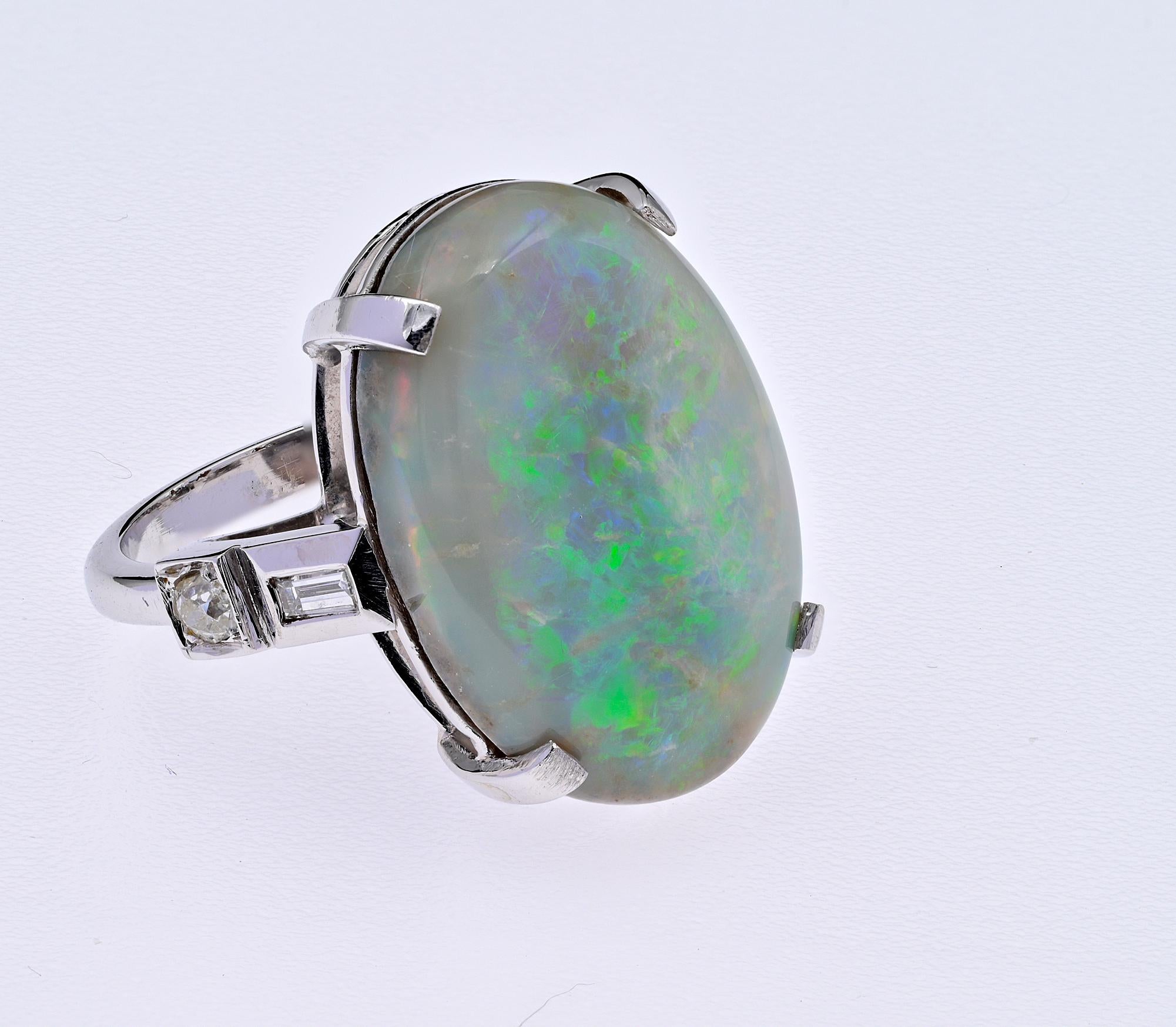 Contemporary 12.30 Ct Australian Opal Diamond Large Solitaire ring For Sale