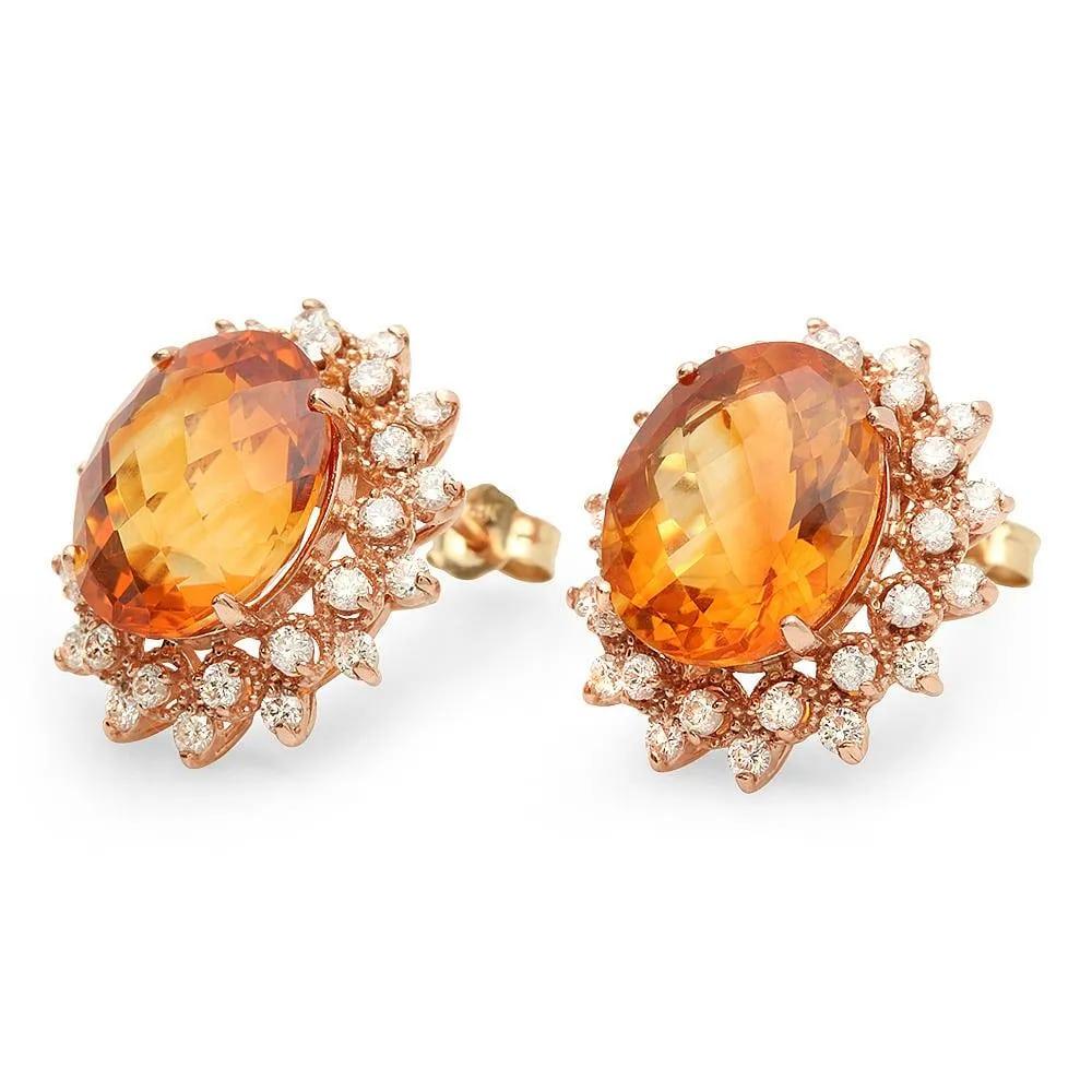12.30Ct Natural Citrine and Diamond 14K Solid Rose Gold Earrings

Total Natural Citrine Weight: Approx.  11.00 Carats

Natural Citrine Measures: Approx. 12 x 9 mm

Total Natural Round Cut Diamonds Weight: Approx.  1.30 Carats (color G-H / Clarity