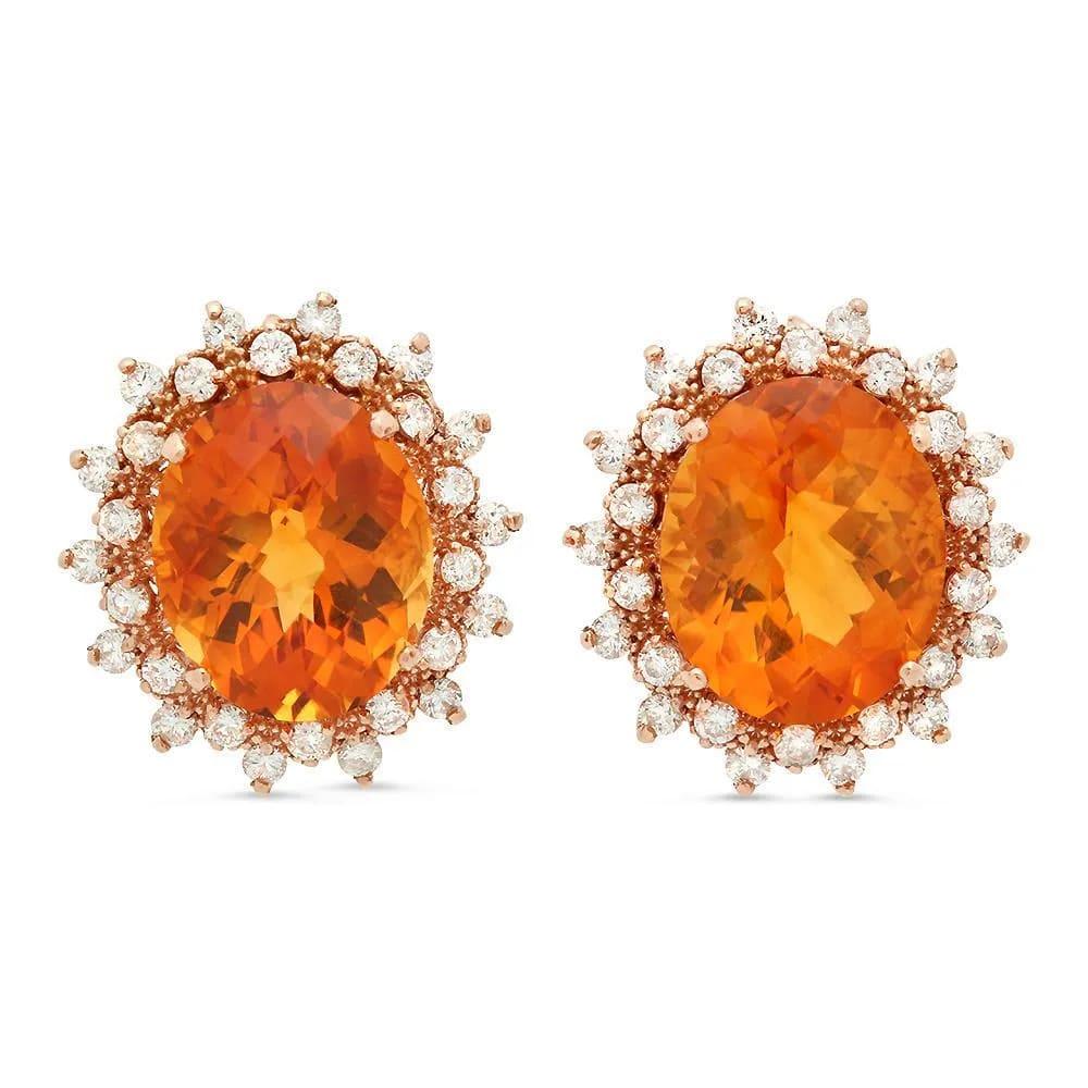 Mixed Cut 12.30Ct Natural Citrine and Diamond 14K Solid Rose Gold Earrings For Sale