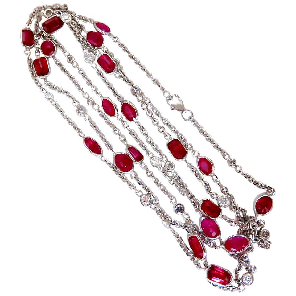 12.30Ct Natural Ruby Diamonds Station Yard Necklace Alternating Double ...