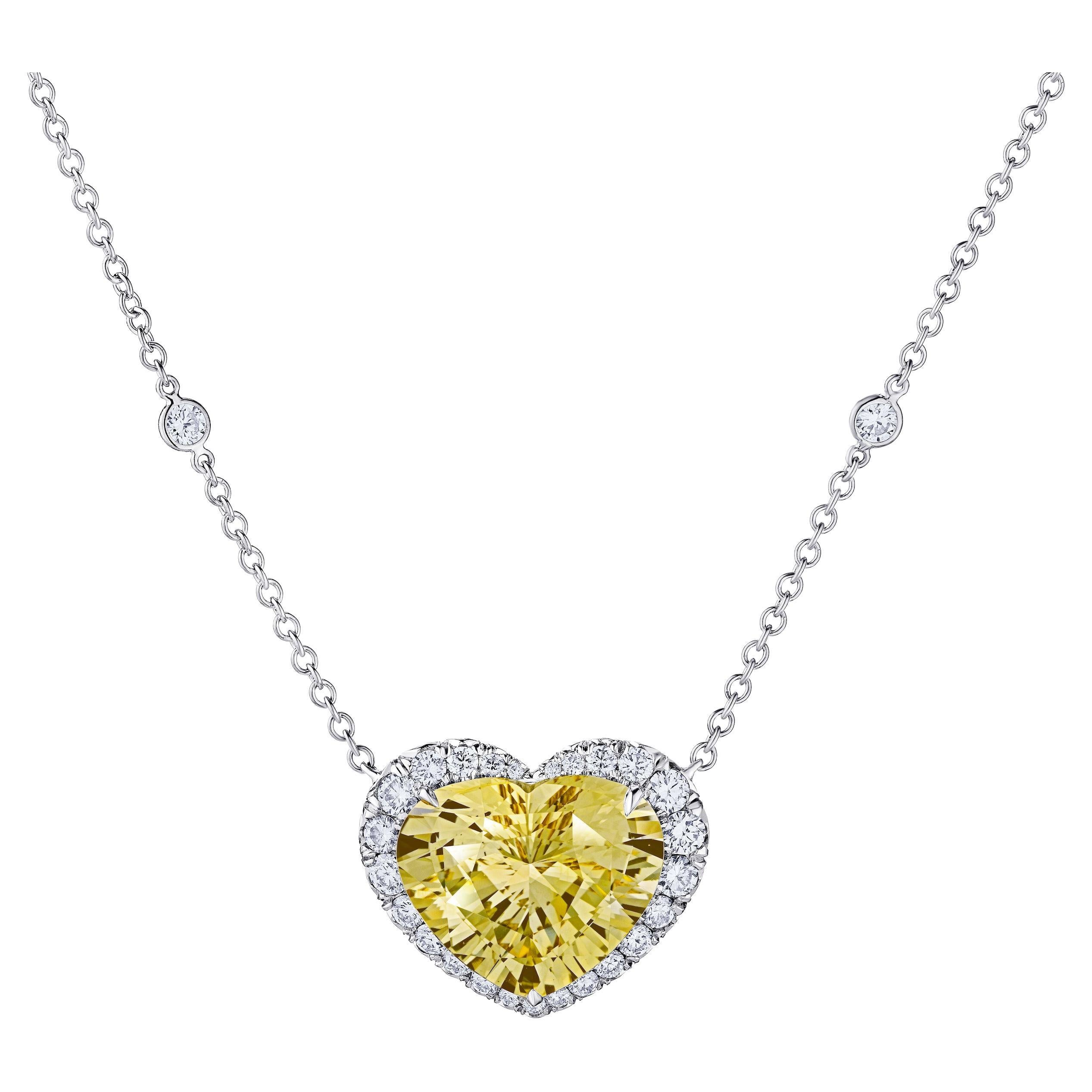 12.31 Carat Heart Shaped Yellow Sapphire and  Diamond Platinum Pendant For Sale
