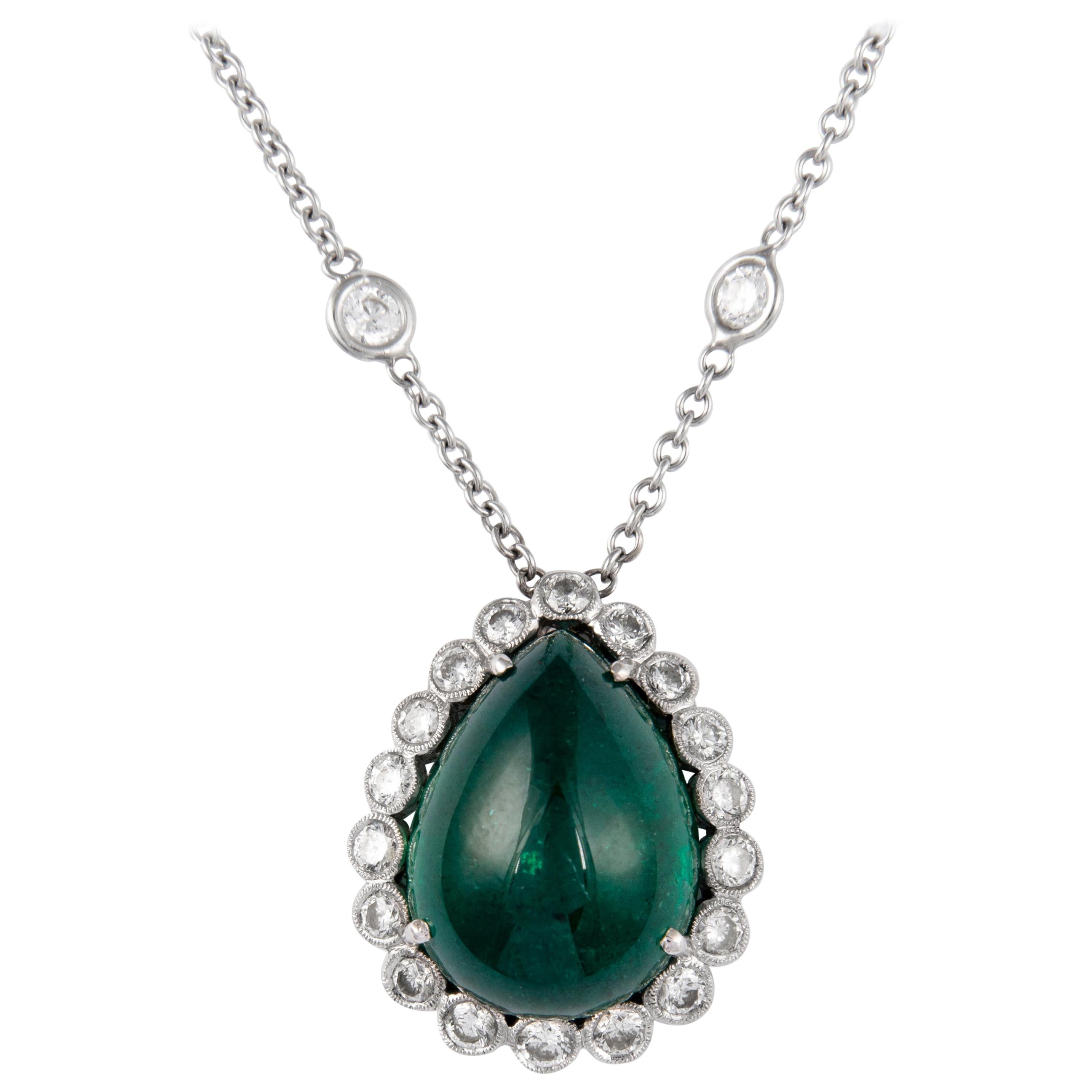 12.31ct Pear Cabochon Emerald with Diamond Halo 18k White Gold Pendant Necklace