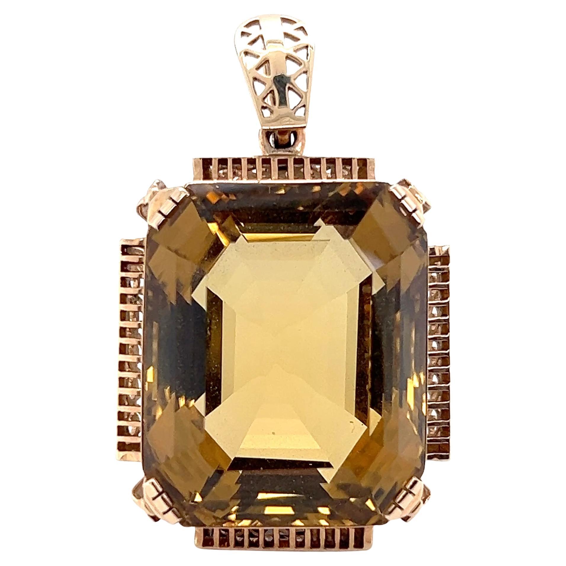 123.24 Carat Emerald Cut Citrine 14k Rose Gold Pendant Retro 1940s