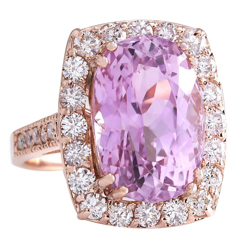 12.33 Carat Natural Kunzite 14 Karat Rose Gold Diamond Ring
Stamped: 14K Rose Gold
Total Ring Weight: 6.8 Grams
Total Natural Kunzite Weight is 11.00 Carat (Measures: 15.50x10.50 mm)
Color: Pink
 Natural Diamond Weight is 1.33 Carat
Color: F-G,