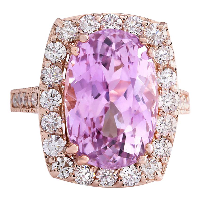 Natural Kunzite Diamond Ring In 14 Karat Rose Gold  For Sale