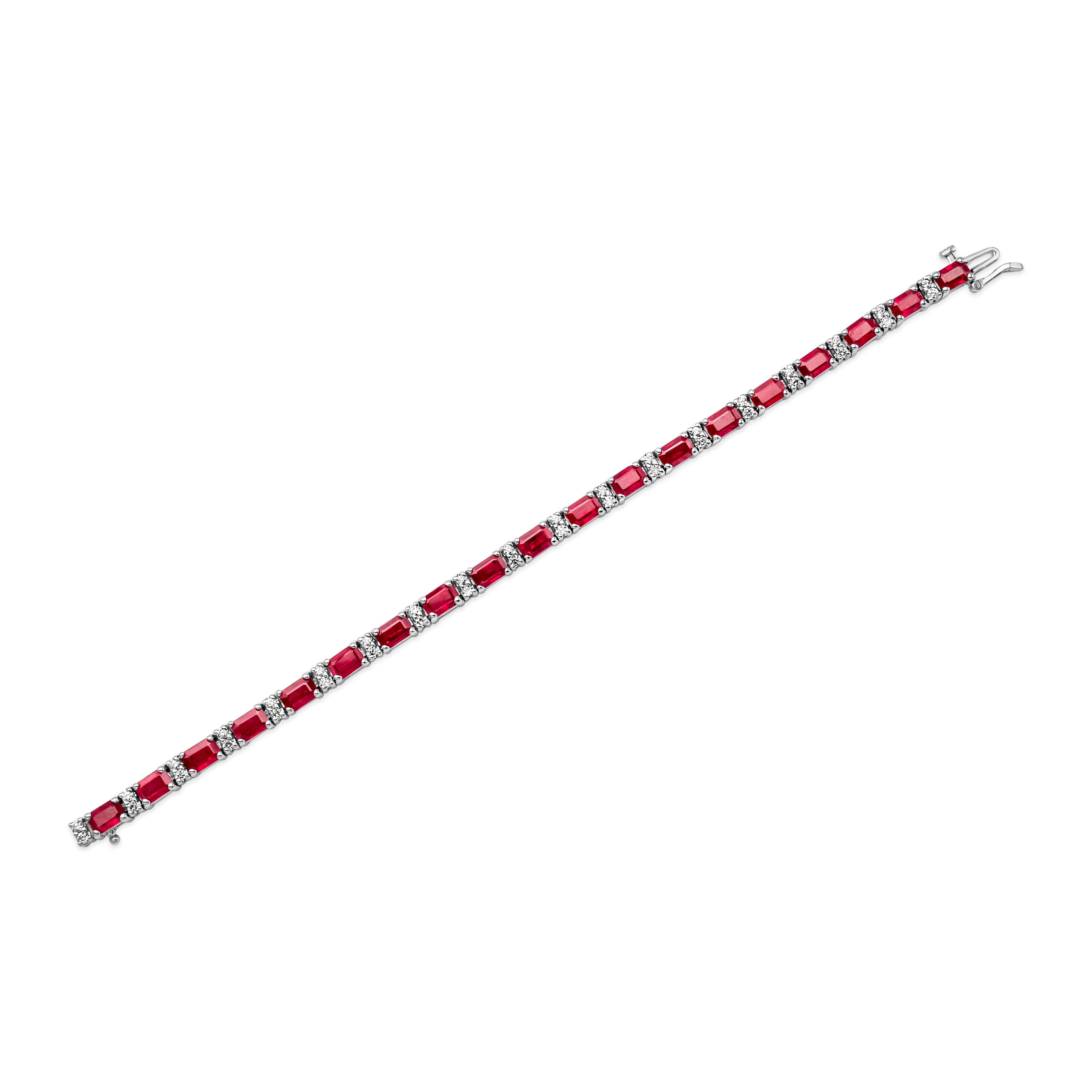 Roman Malakov 12.33 Carat Emerald Cut Burmese Ruby with Diamond Tennis Bracelet In New Condition For Sale In New York, NY