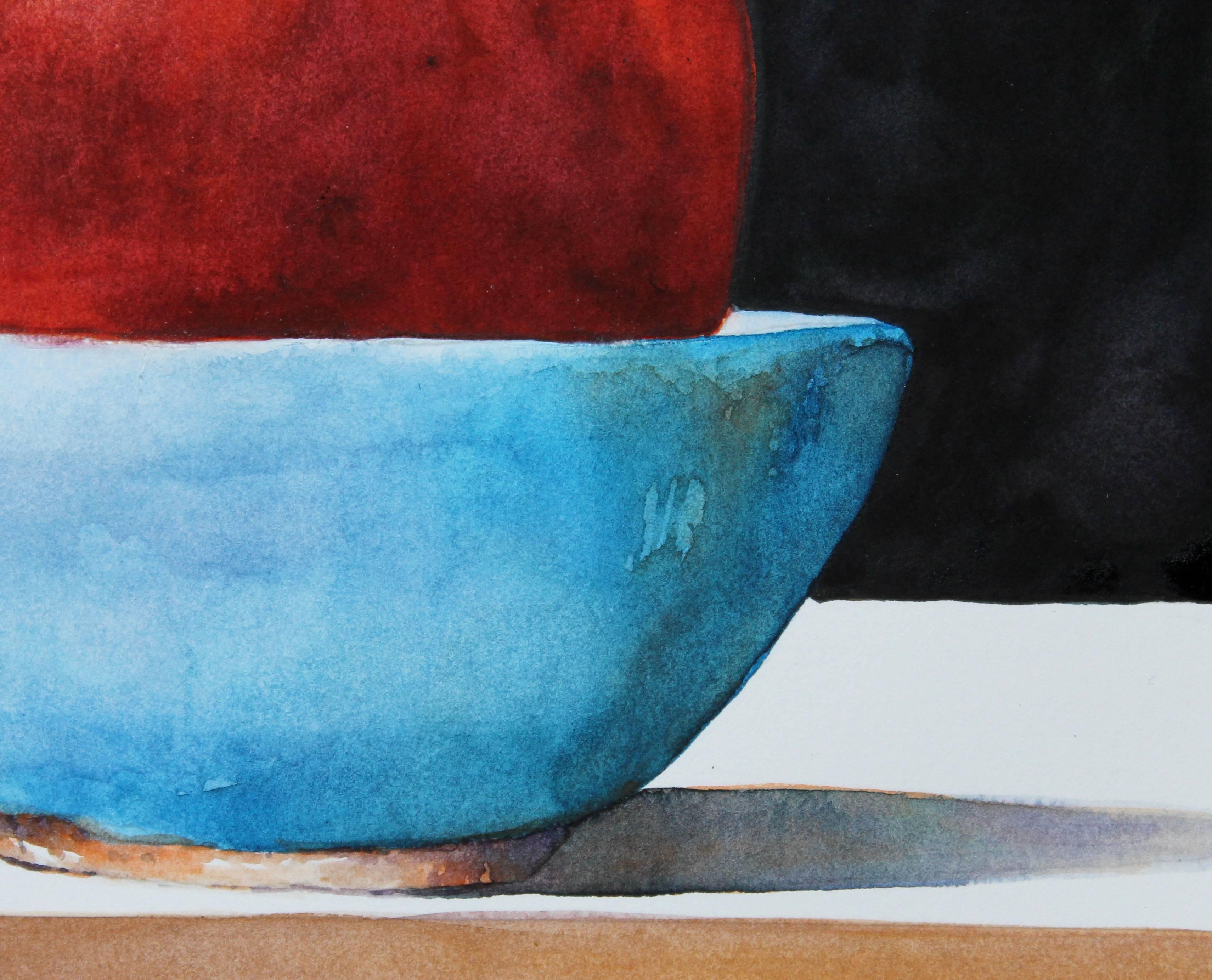 Red Apple with Blue Bowl - Black Still-Life by Dwight Smith