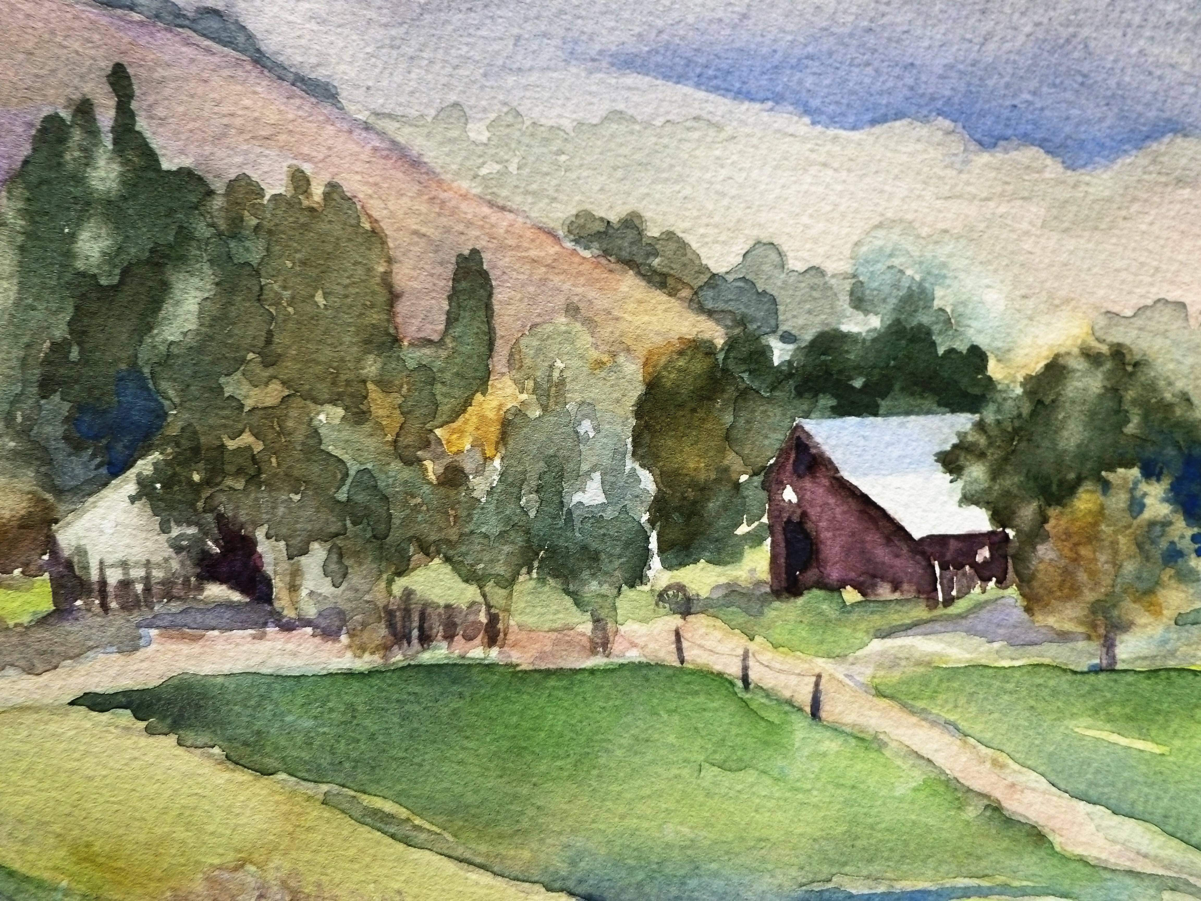 Sonoma Farm, Original Painting - Gray Landscape Art by Catherine McCargar