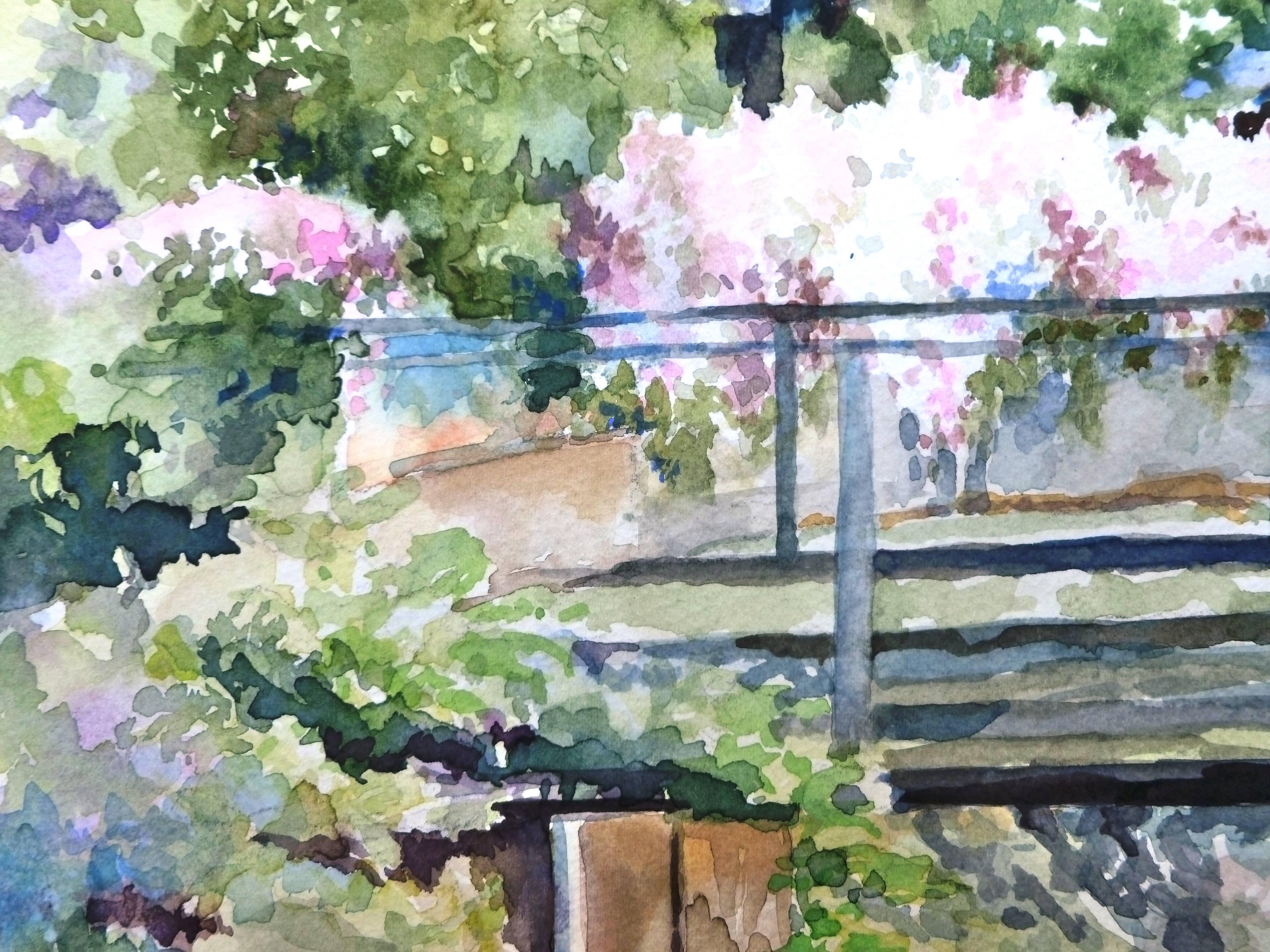 Jasmine Reflections Catherine McCargar Watercolor painting on paper
One-of-a-kind
Signed on front
2017
20 in. h x 14 in. w 
0 lbs. 2 oz. Artist Comments 
This is an impressionistic piece of a somewhat hidden location on the property of the historic